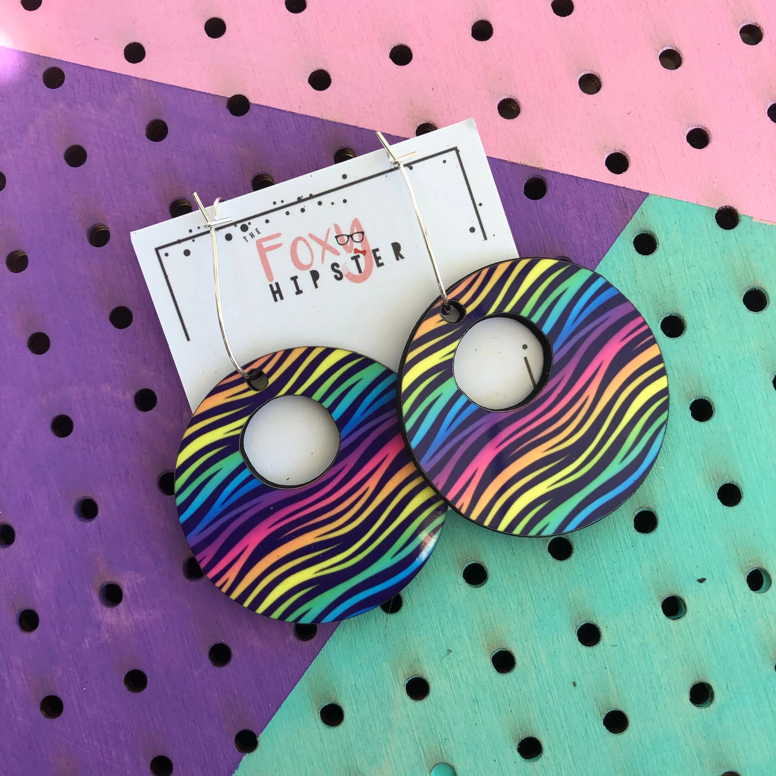 Rainbow Nostalgia Zebra Dangle Hoop Earrings