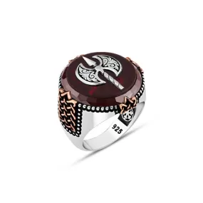 Red Circle Agate Stone with Double Headed Viking Axe Silver Men's Ring Web Pattern in Epaulet Shape