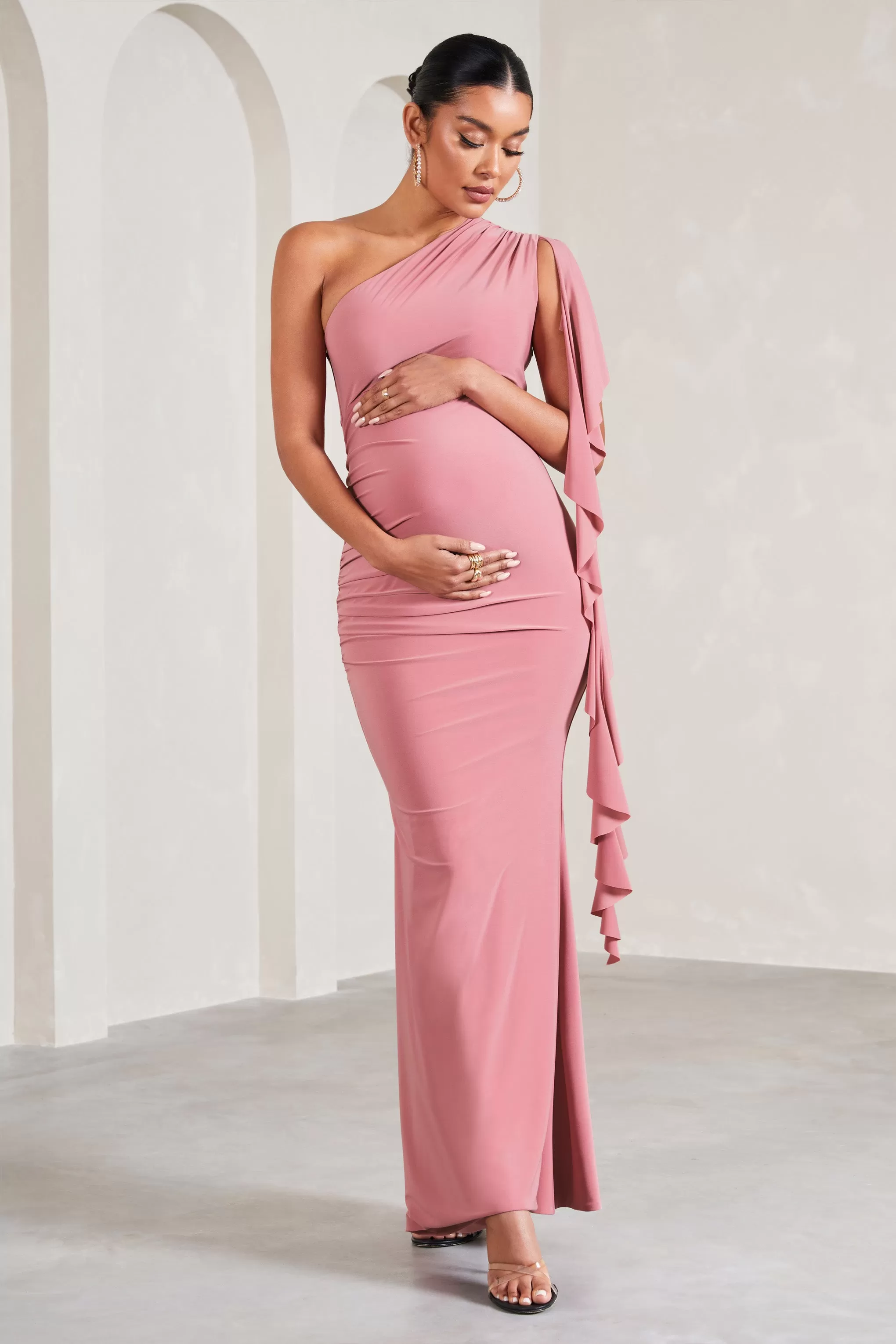 Rosalie | Blush Pink One-Shoulder Maternity Maxi Dress With Ruffles