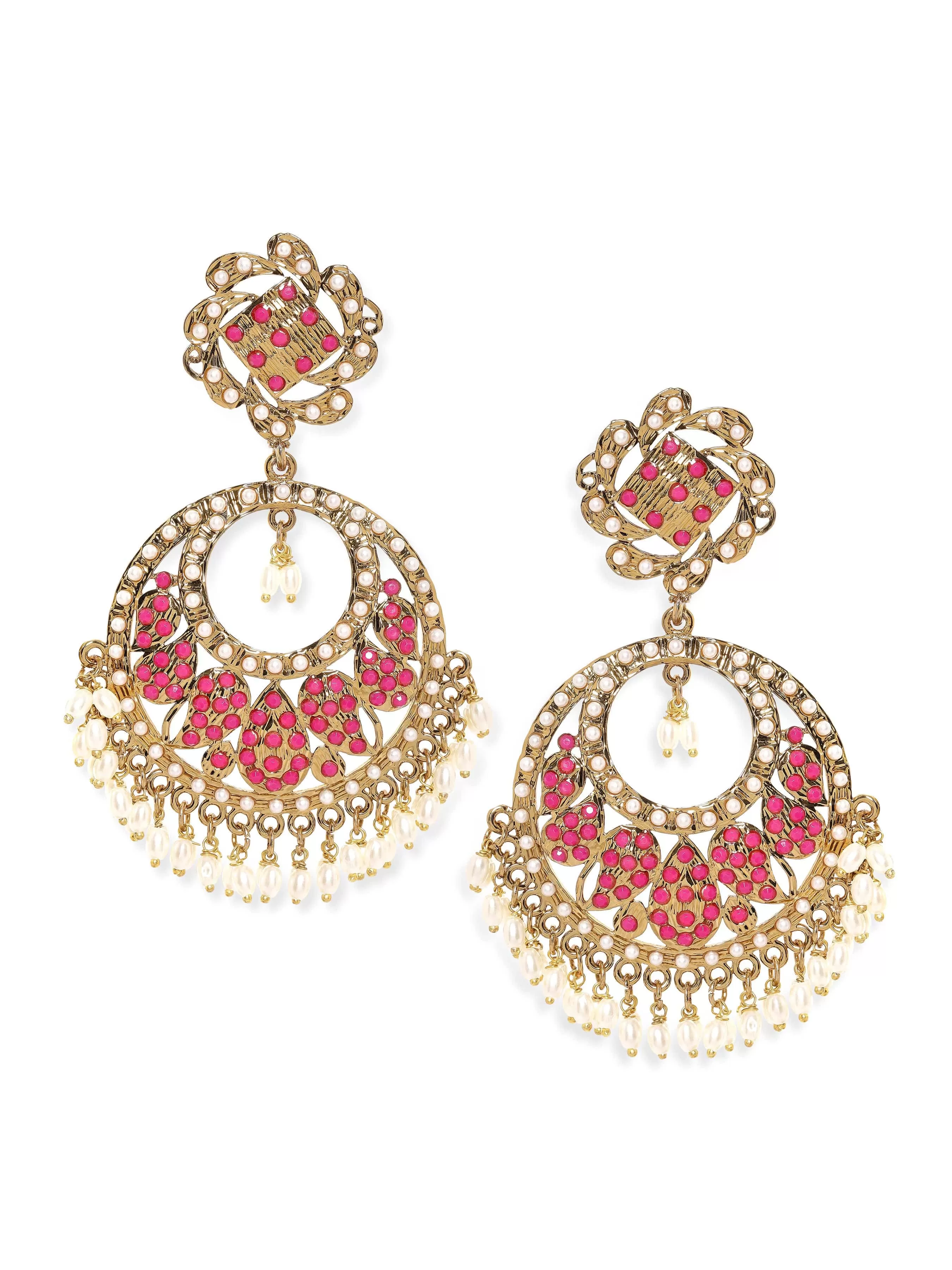 Rubans 22K Antique Gold Plated Ruby Zirconia & Pearl Studded Statement Chandbali Earring