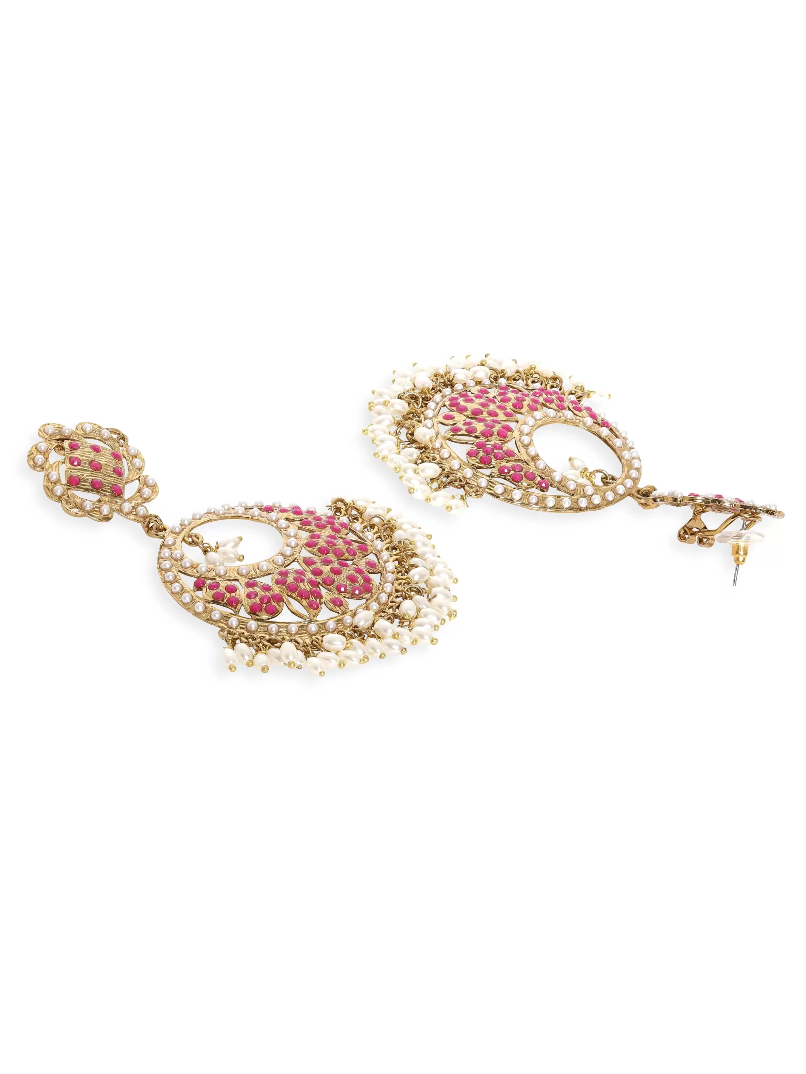 Rubans 22K Antique Gold Plated Ruby Zirconia & Pearl Studded Statement Chandbali Earring