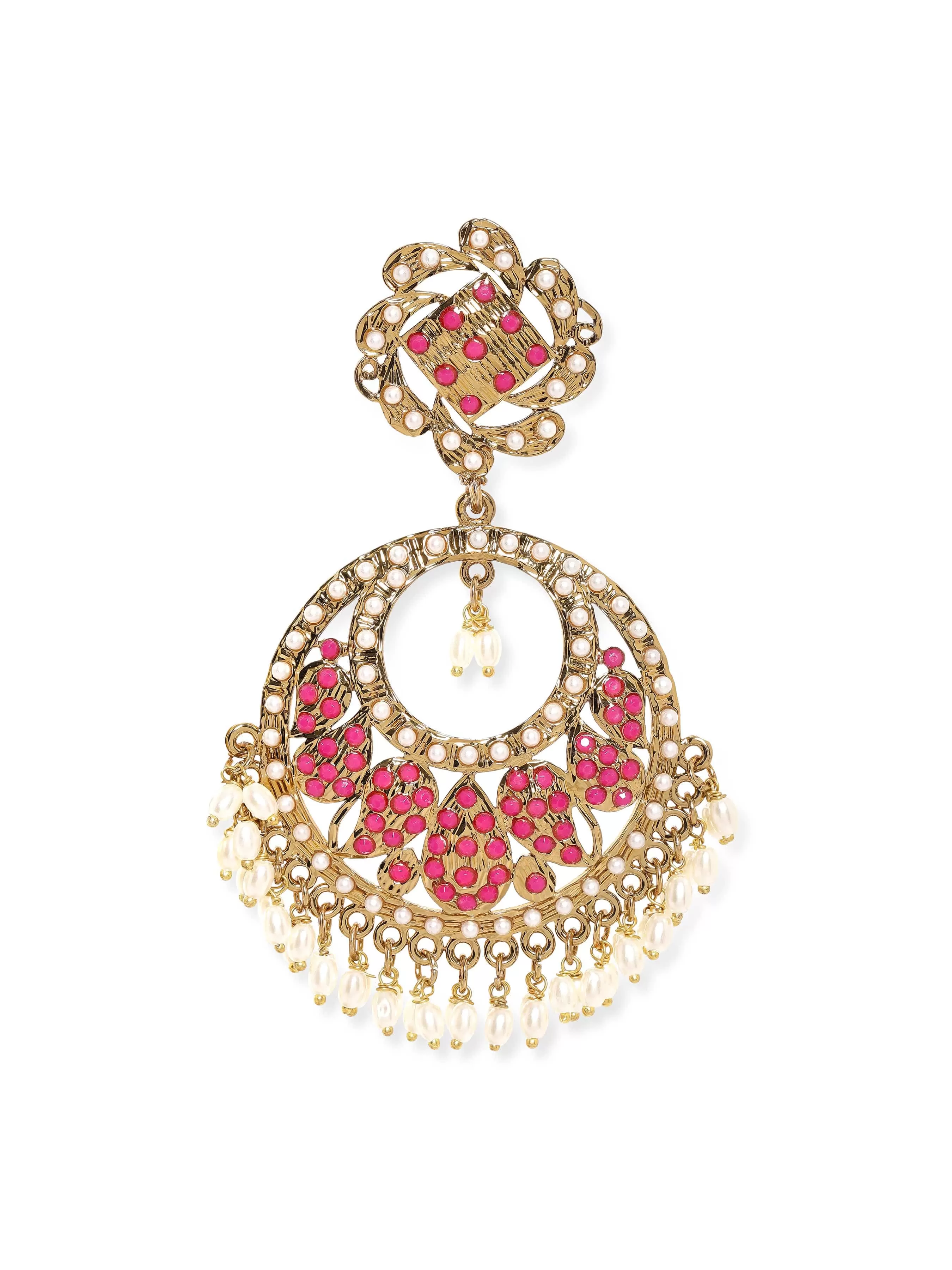 Rubans 22K Antique Gold Plated Ruby Zirconia & Pearl Studded Statement Chandbali Earring