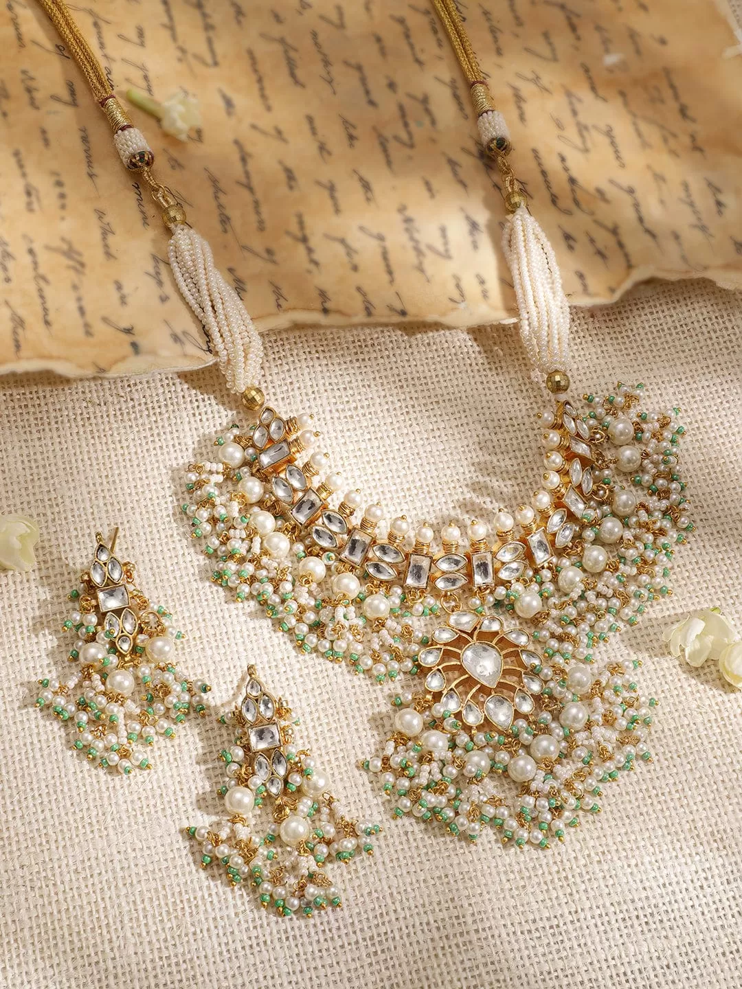 Rubans 22KT Gold-Plated Stones-Studded  Pearl-Beaded Jewellery Set