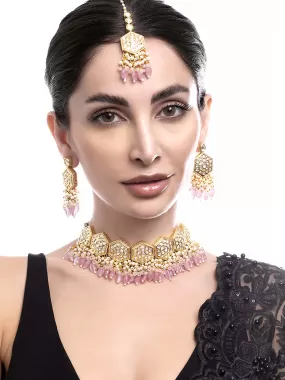 Rubans Gold Plated Kundan Necklace Set With Pastel Pink Beads And Pearls