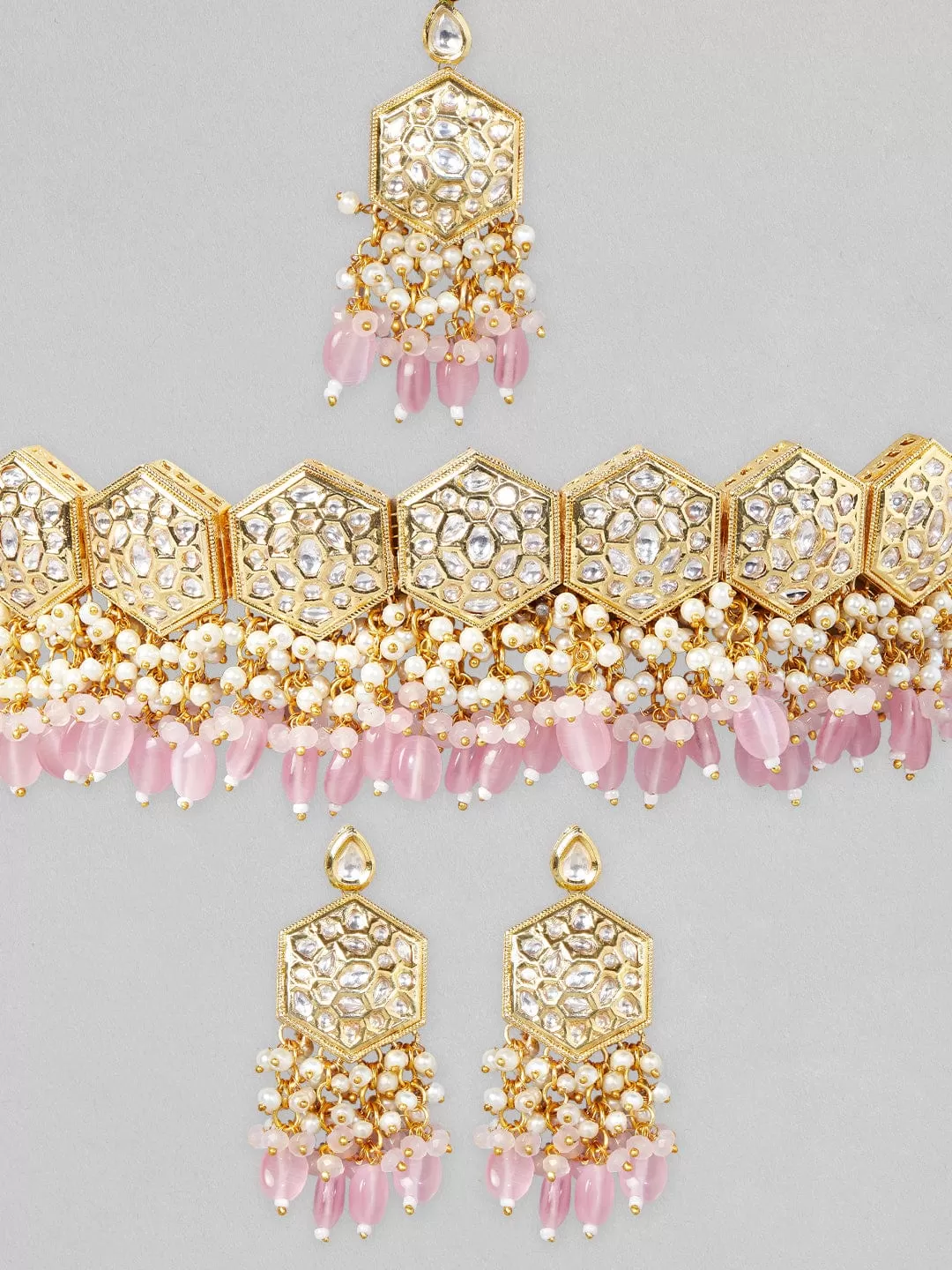 Rubans Gold Plated Kundan Necklace Set With Pastel Pink Beads And Pearls