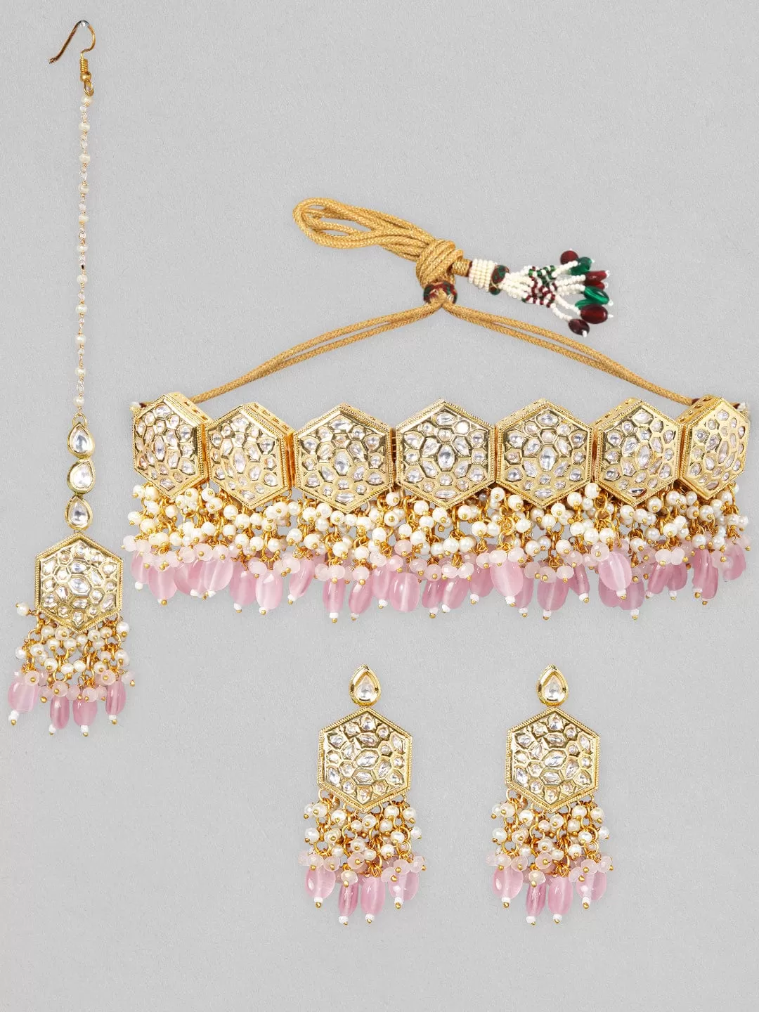 Rubans Gold Plated Kundan Necklace Set With Pastel Pink Beads And Pearls