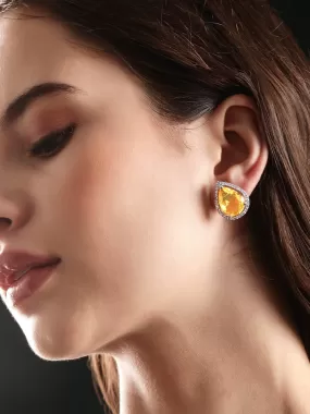 Rubans Rhodium plated Yellow Sapphire Zirconia studded teardrop Zirconia stud earring