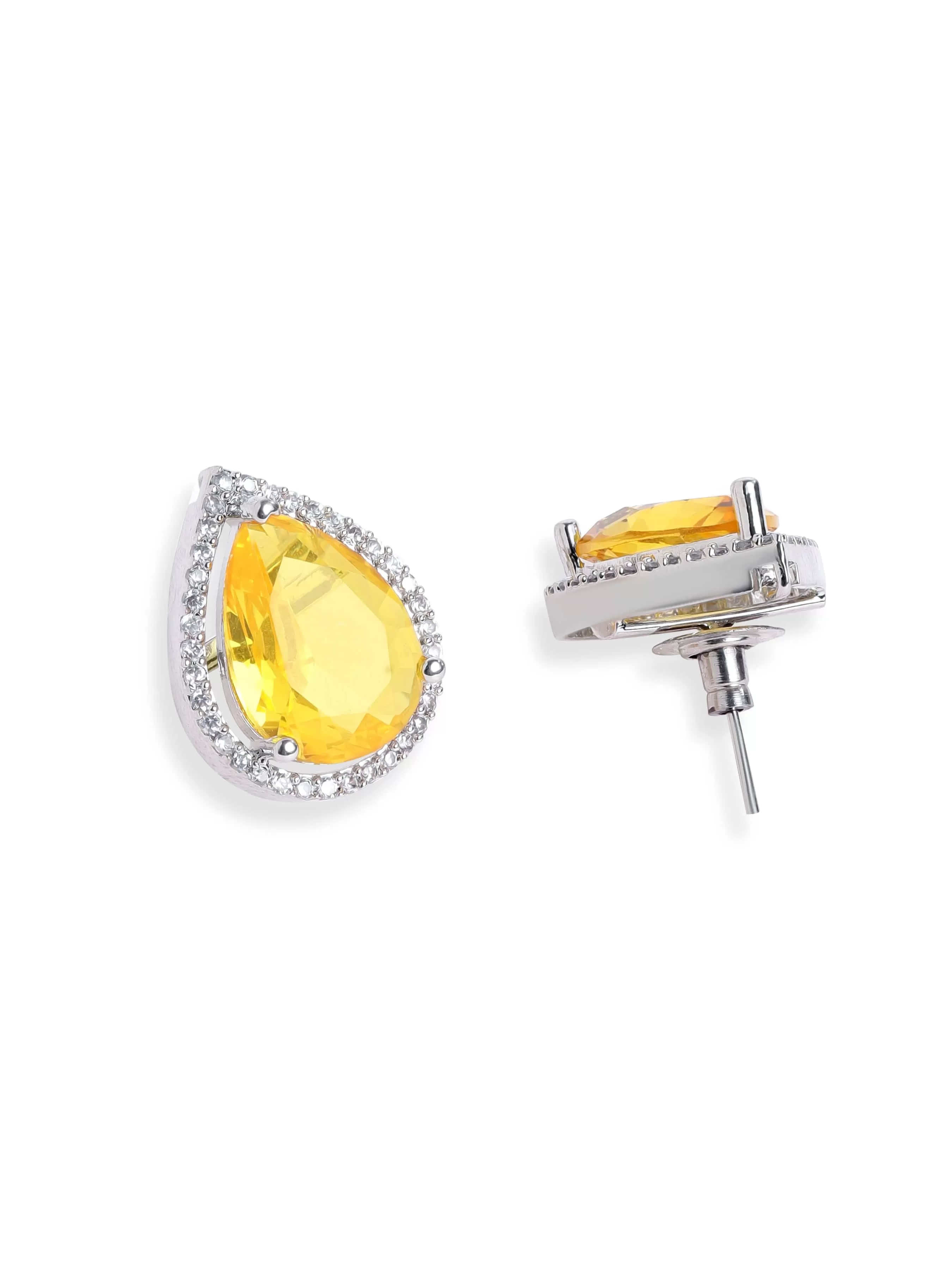 Rubans Rhodium plated Yellow Sapphire Zirconia studded teardrop Zirconia stud earring