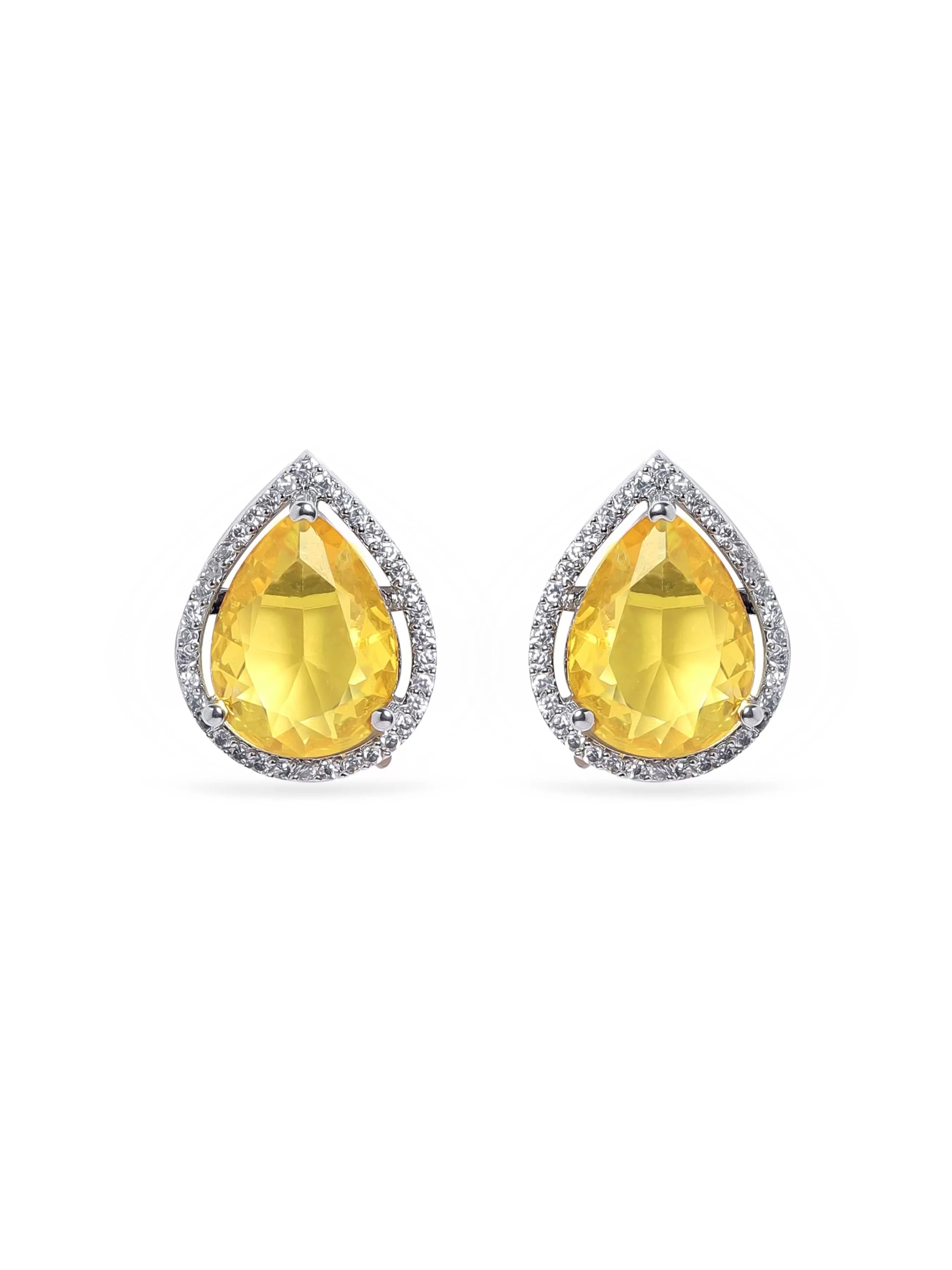 Rubans Rhodium plated Yellow Sapphire Zirconia studded teardrop Zirconia stud earring