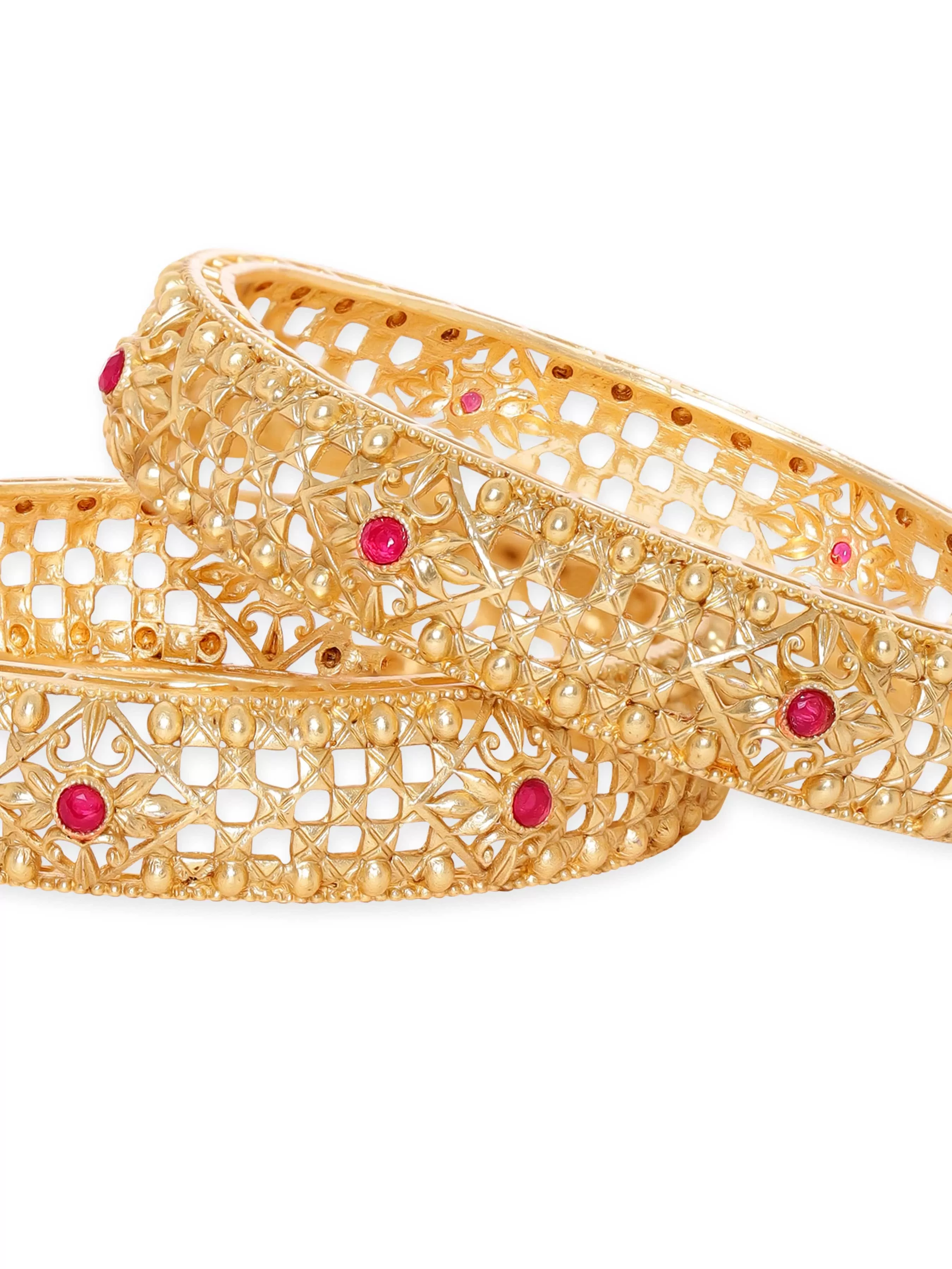 Rubans Set of 2, 22K Gold plated Kemp stone studded Filigree detail statement bangles  "