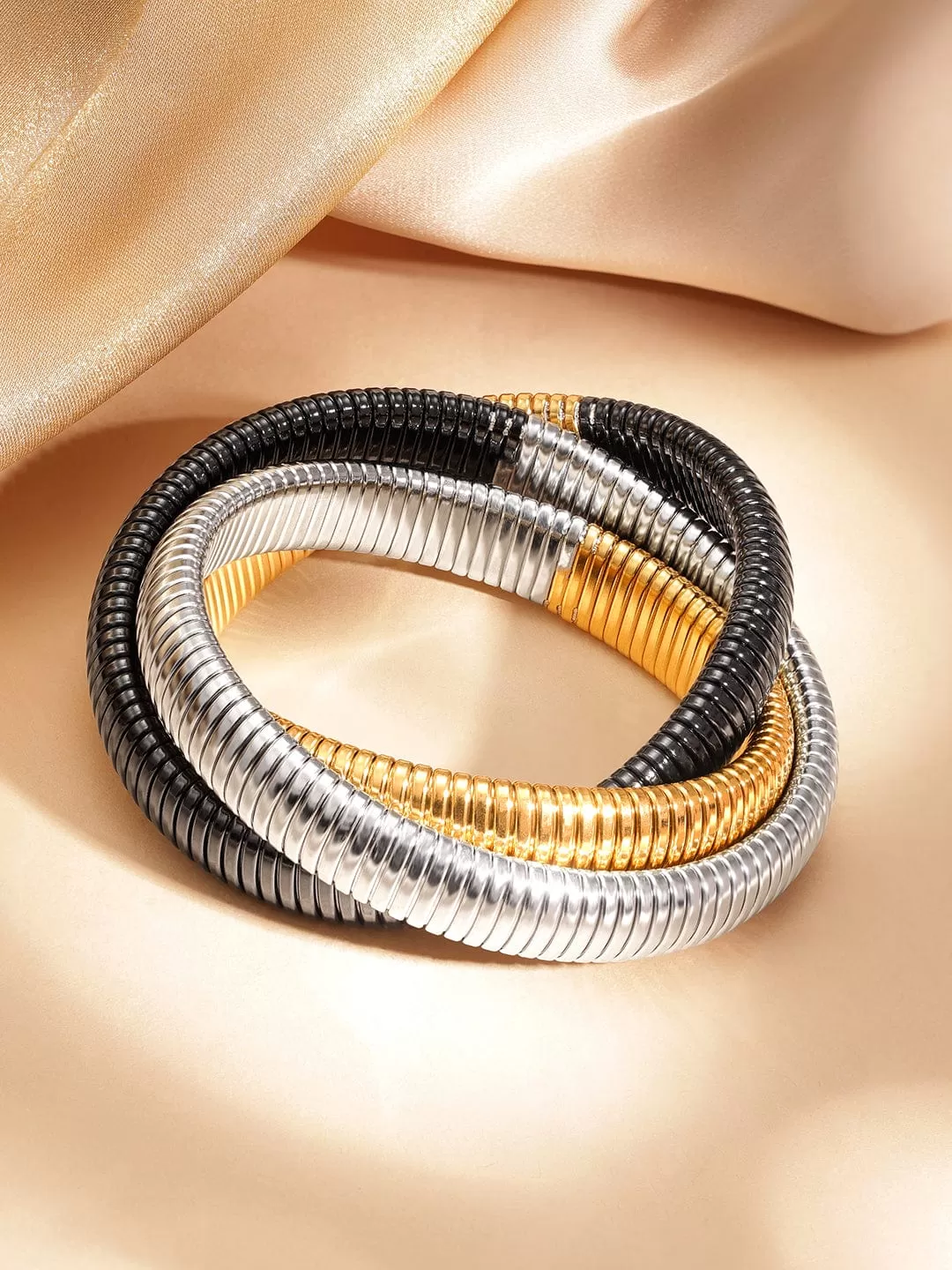 Rubans Voguish Rhodium plated Dual tone of 3 layered twisted sprial of shimmer bracelet