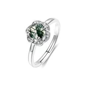 S925 Silver Flower Green Moss Agate Engagement Ring