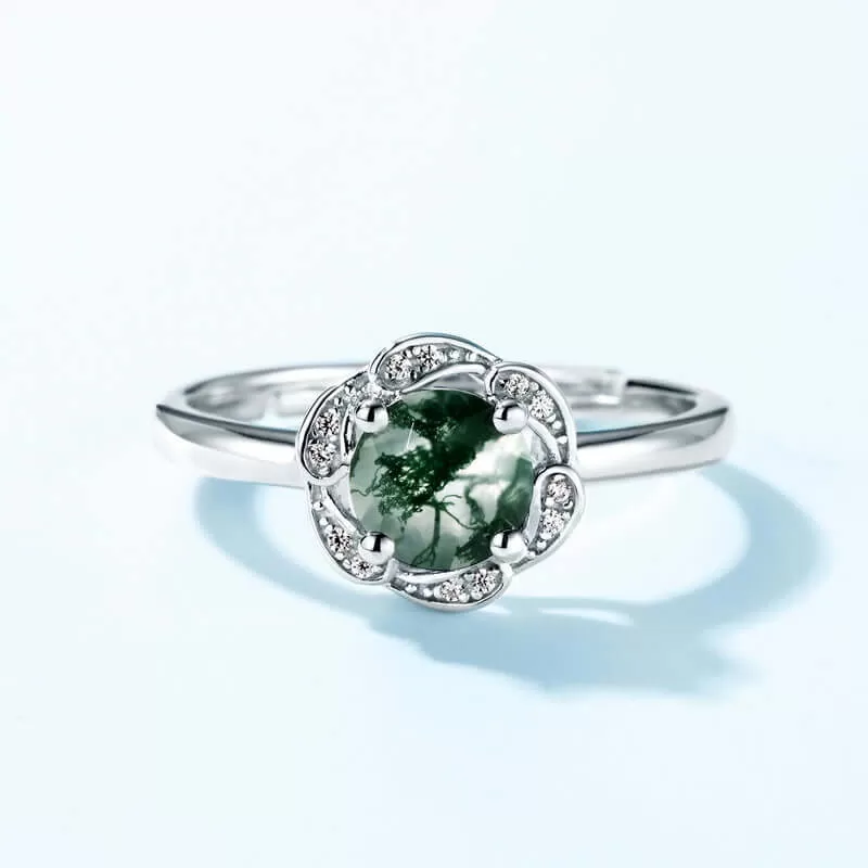 S925 Silver Flower Green Moss Agate Engagement Ring