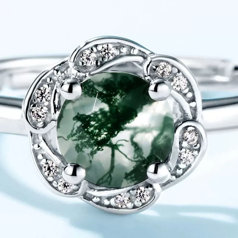 S925 Silver Flower Green Moss Agate Engagement Ring