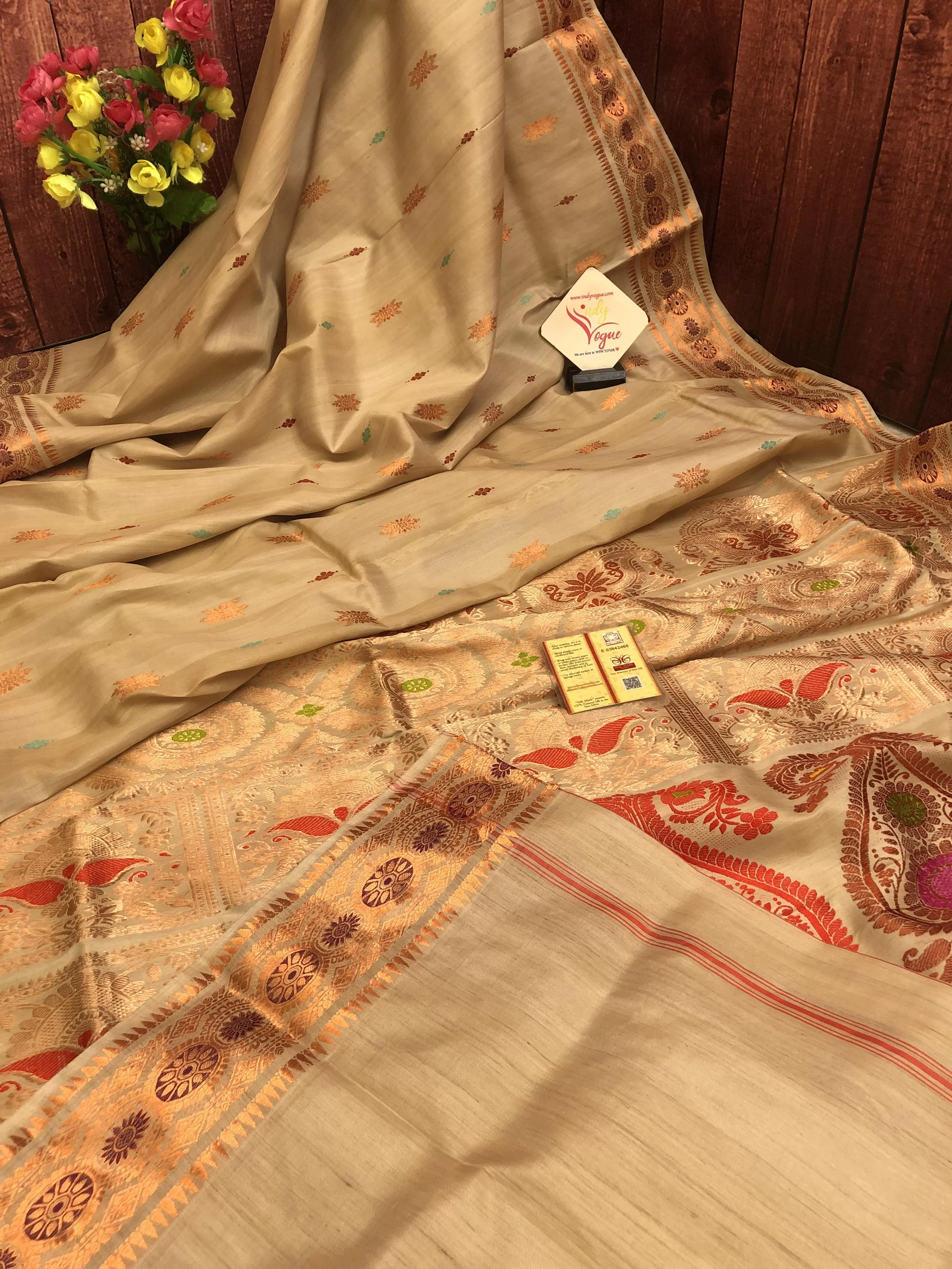 Sandalwood Color Revival Tussar Baluchari Silk Saree with Meenakari Work