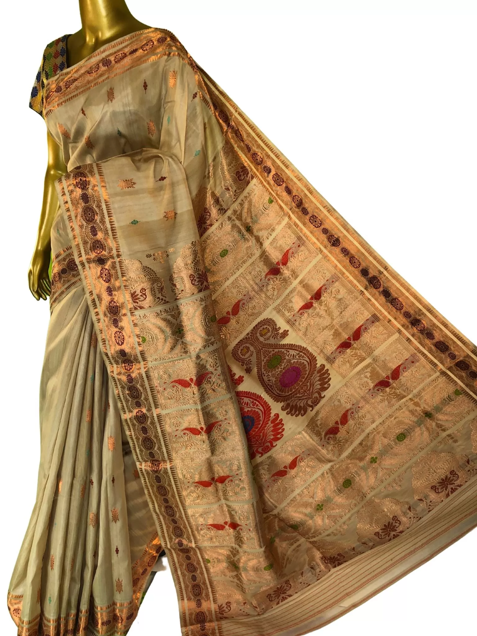 Sandalwood Color Revival Tussar Baluchari Silk Saree with Meenakari Work