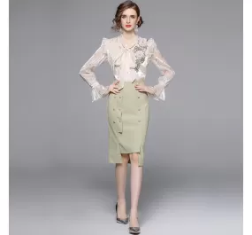 Set: Bow-Neck Ruffle Trim Embroidered Blouse   Plain Midi Pencil Skirt EE10