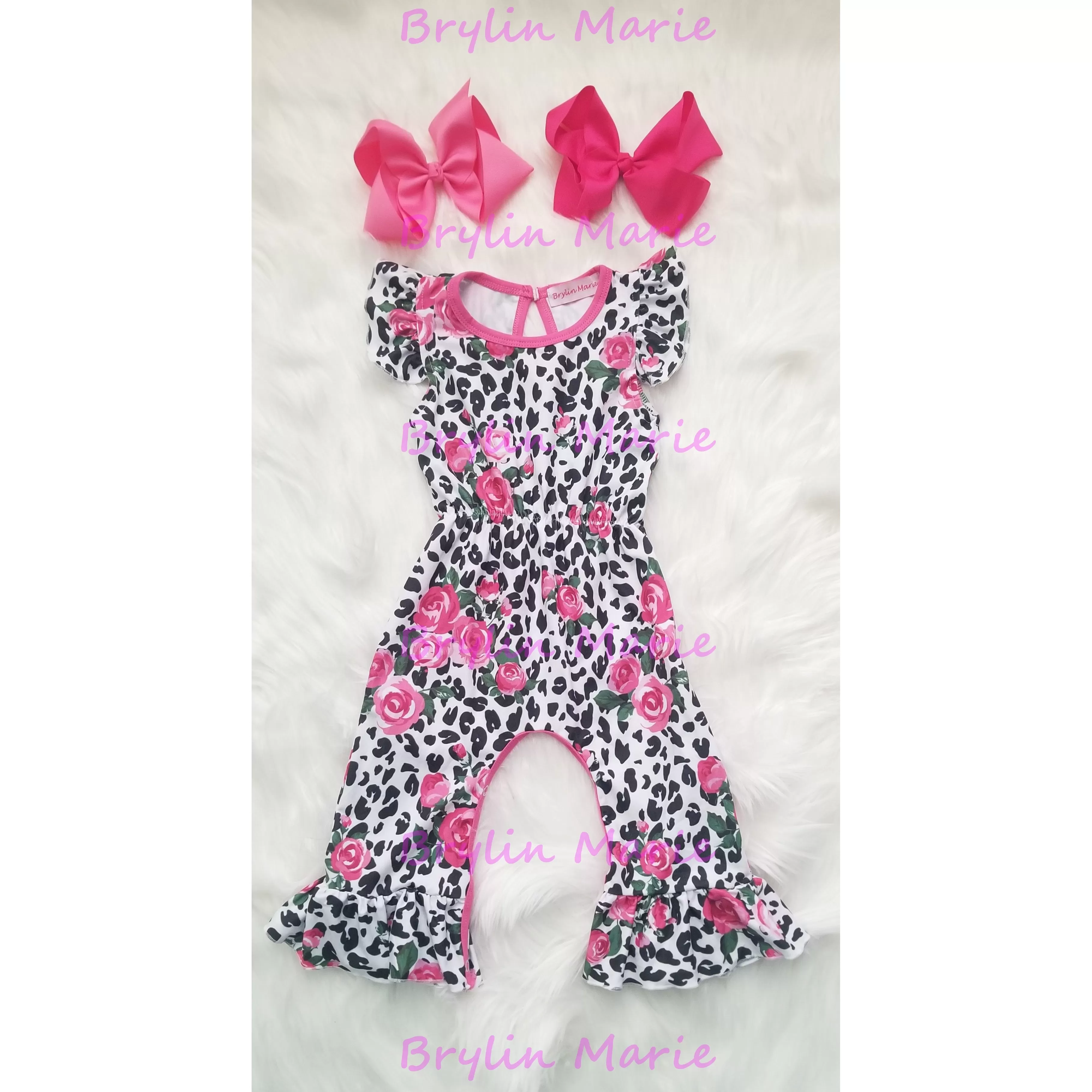 Snow Leopard & Pink Roses Ruffle Romper