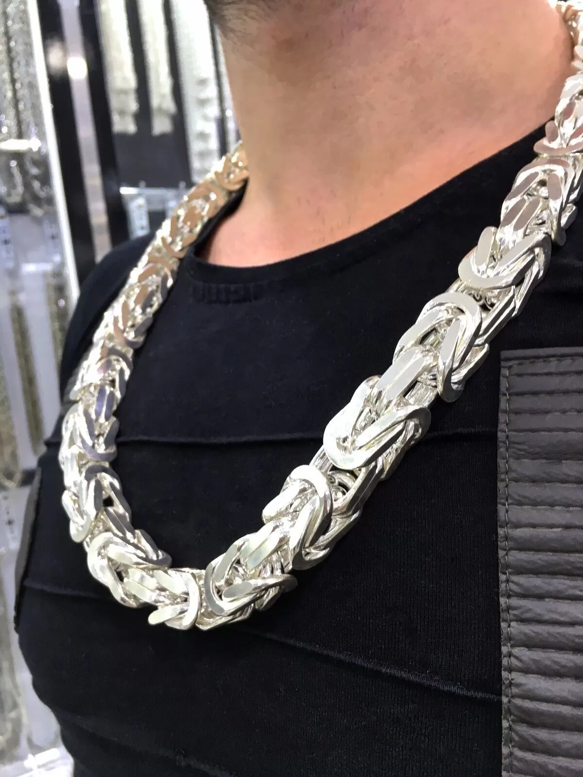 Solid Sterling Silver Byzantine King's Chain Necklace 15x15mm Thick Heavy Unique Men's Jewelry 750 g solid silver