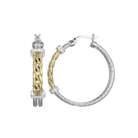 SS Two-Tone CZ Double Row Link Hoop Earrings