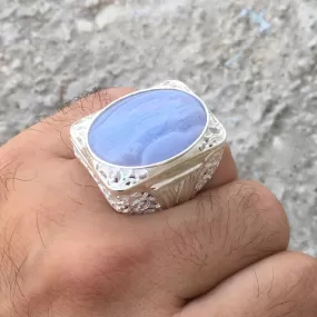 Sterling Silver Mens Ring Blue Lace Agate Big Turkish Artisan Statement Jewelry