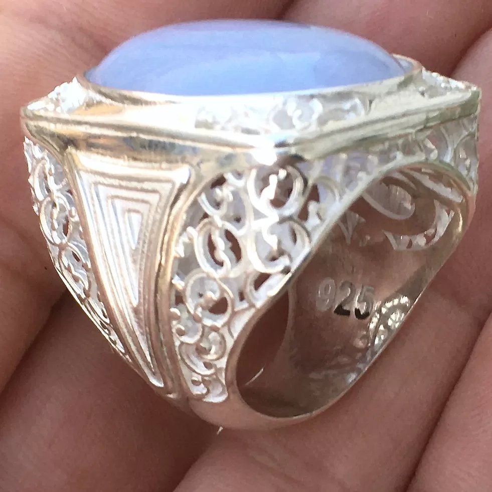 Sterling Silver Mens Ring Blue Lace Agate Big Turkish Artisan Statement Jewelry