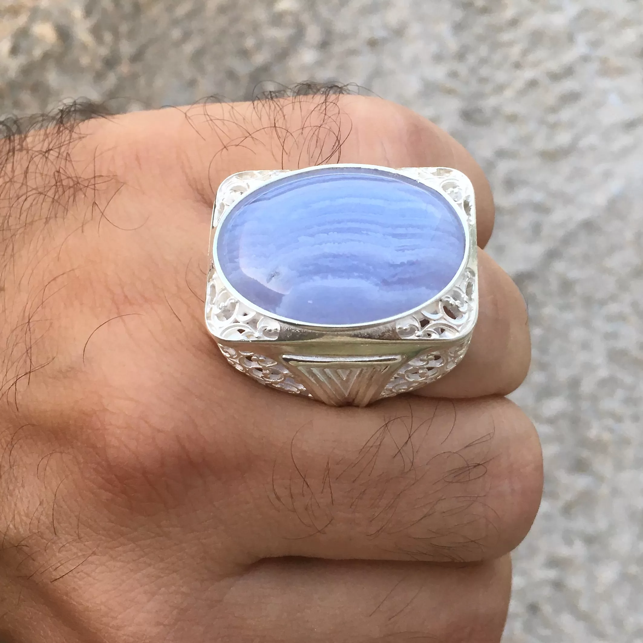 Sterling Silver Mens Ring Blue Lace Agate Big Turkish Artisan Statement Jewelry