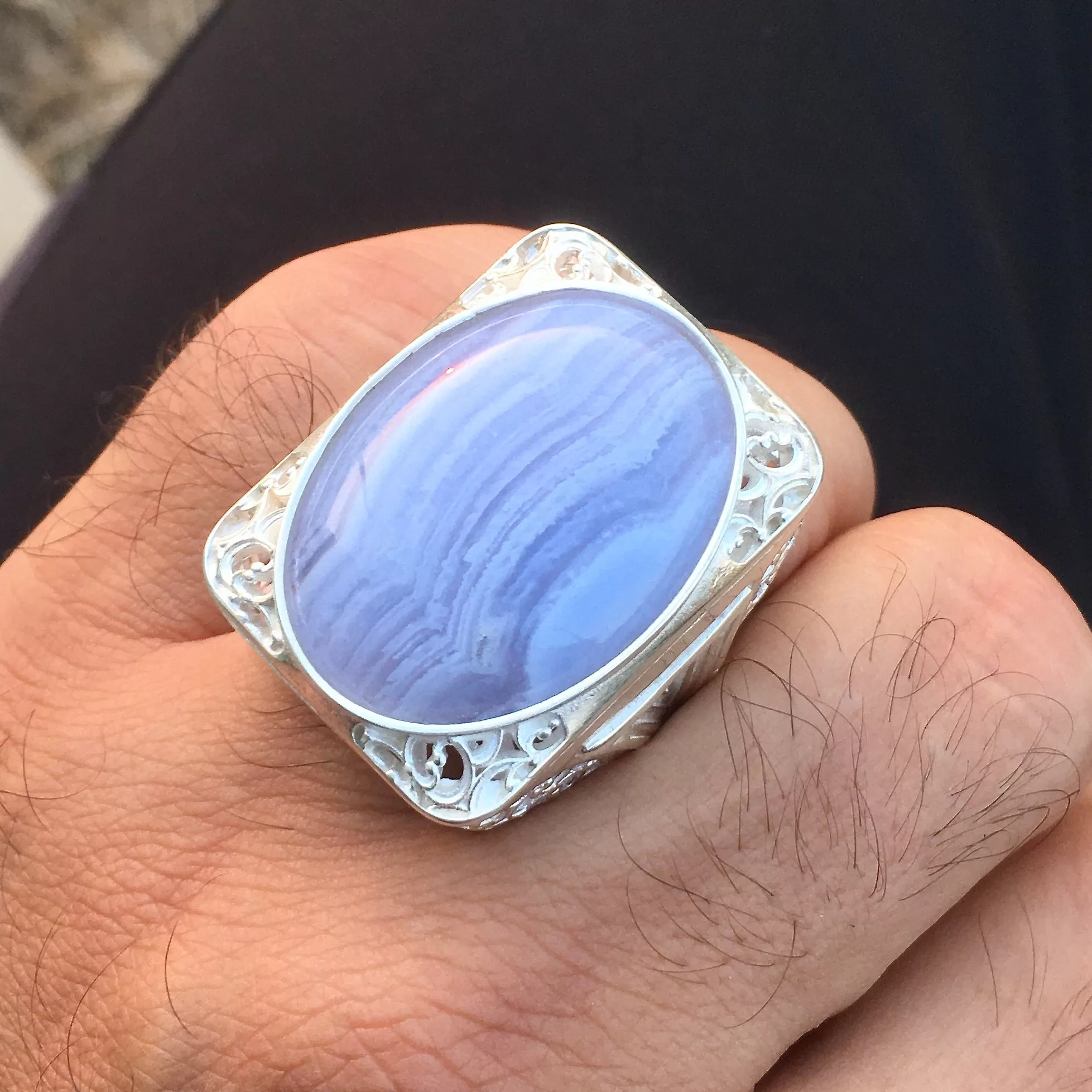 Sterling Silver Mens Ring Blue Lace Agate Big Turkish Artisan Statement Jewelry