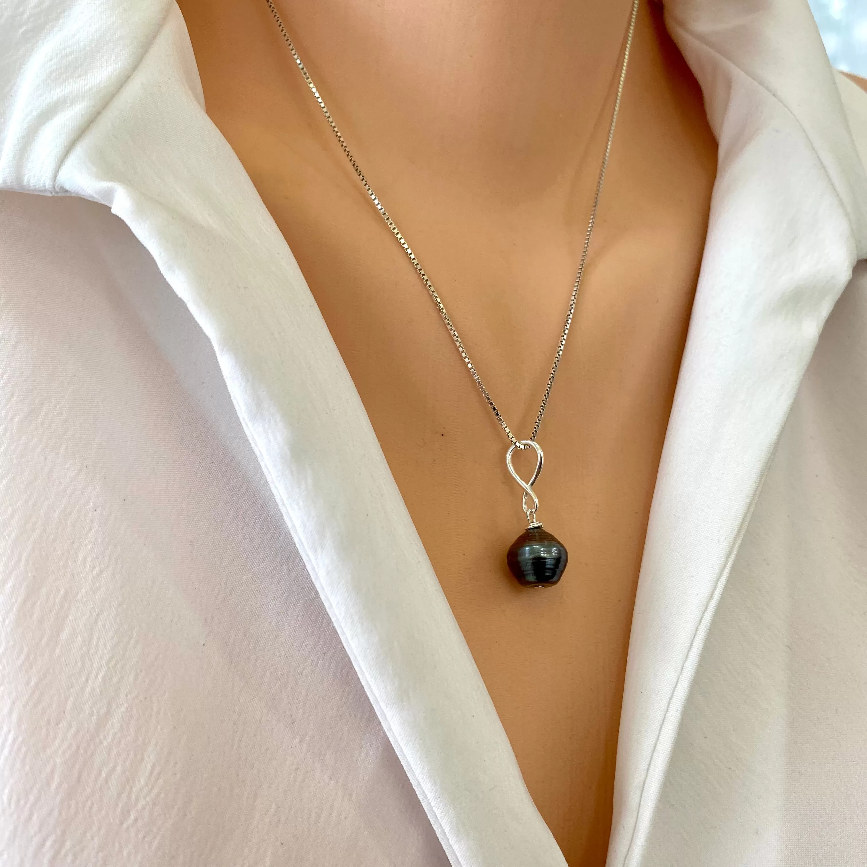 Tahitian Teardrop Pearl Pendant on Sterling Silver Box Chain, 18in, June Birthstone