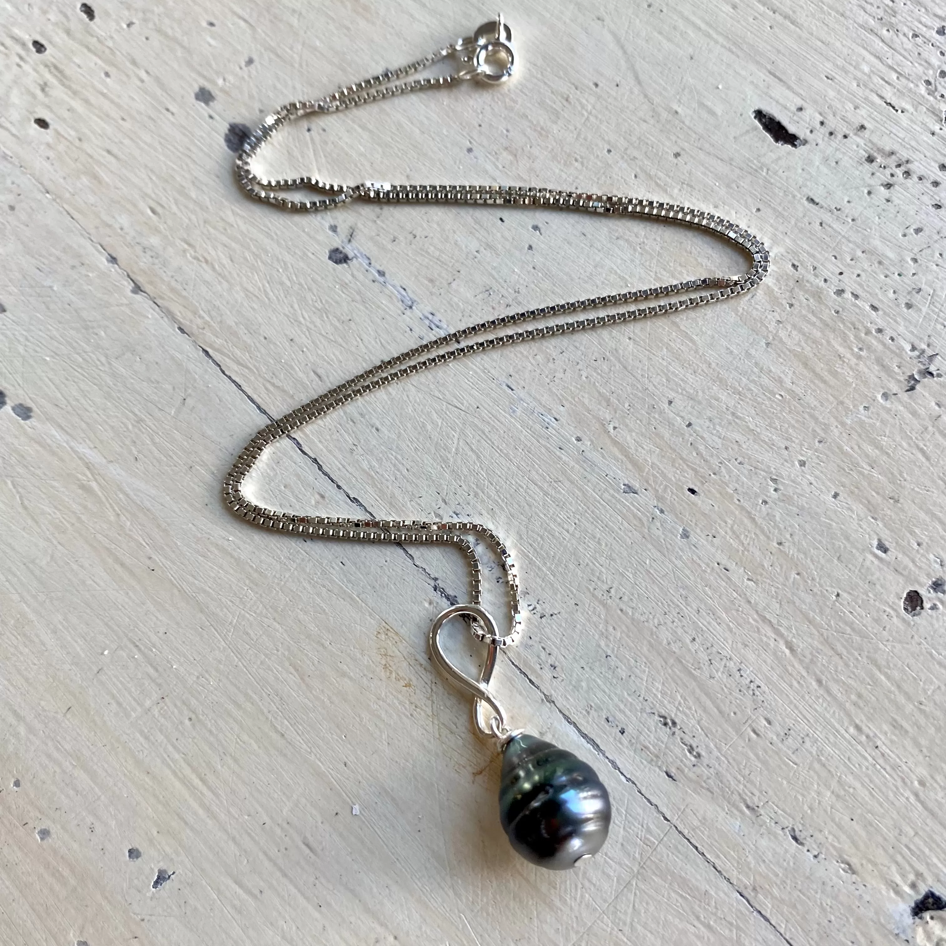 Tahitian Teardrop Pearl Pendant on Sterling Silver Box Chain, 18in, June Birthstone