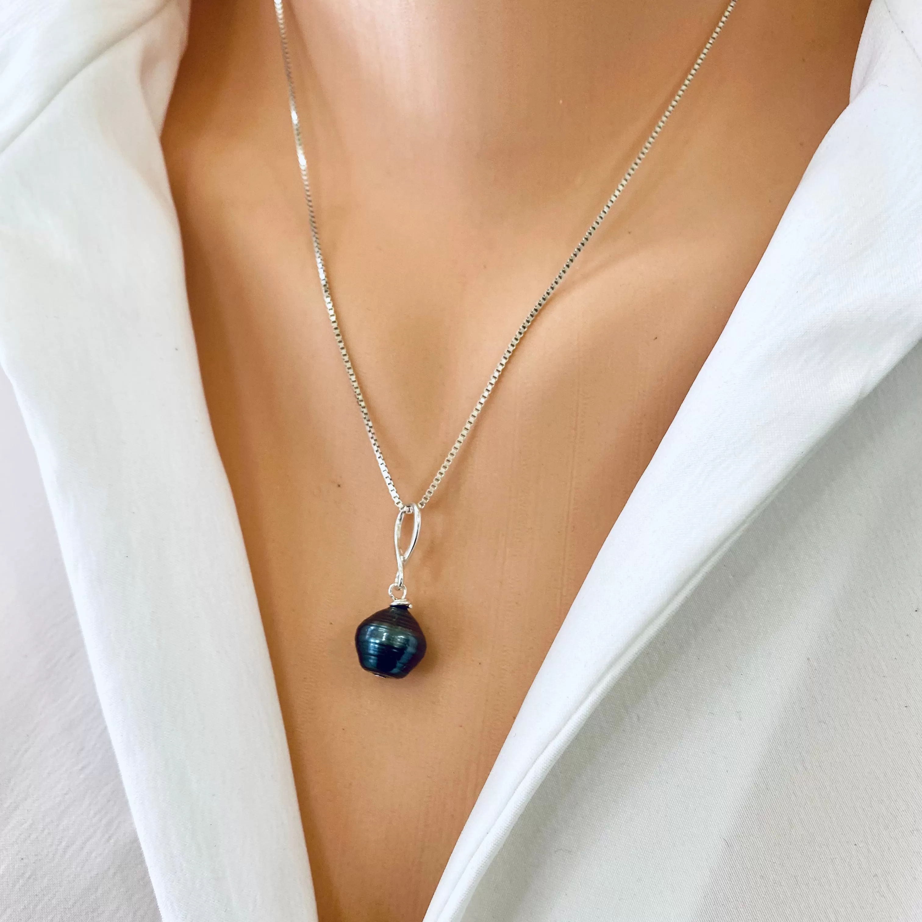 Tahitian Teardrop Pearl Pendant on Sterling Silver Box Chain, 18in, June Birthstone