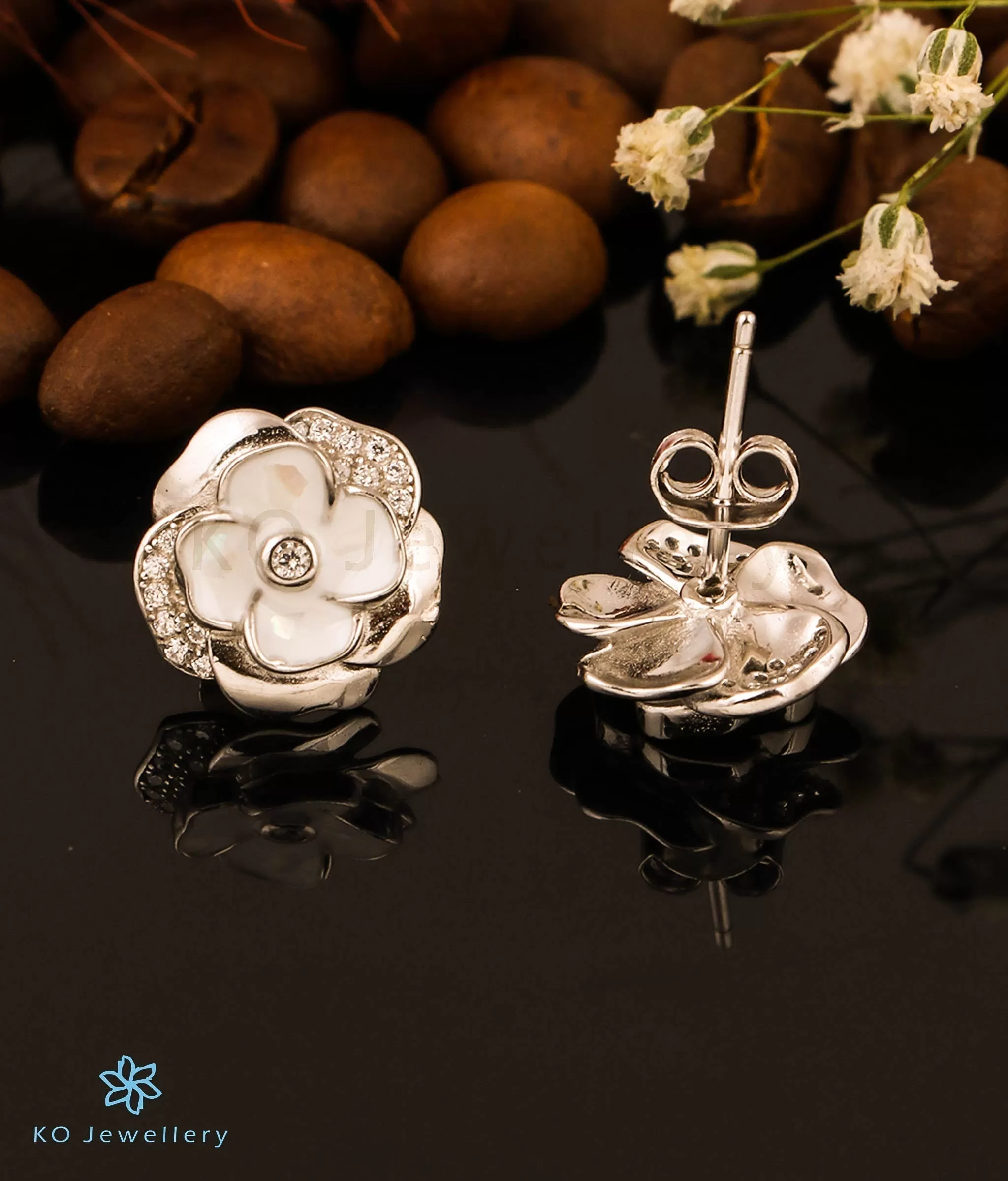 The White Floral Glow Silver Earrings