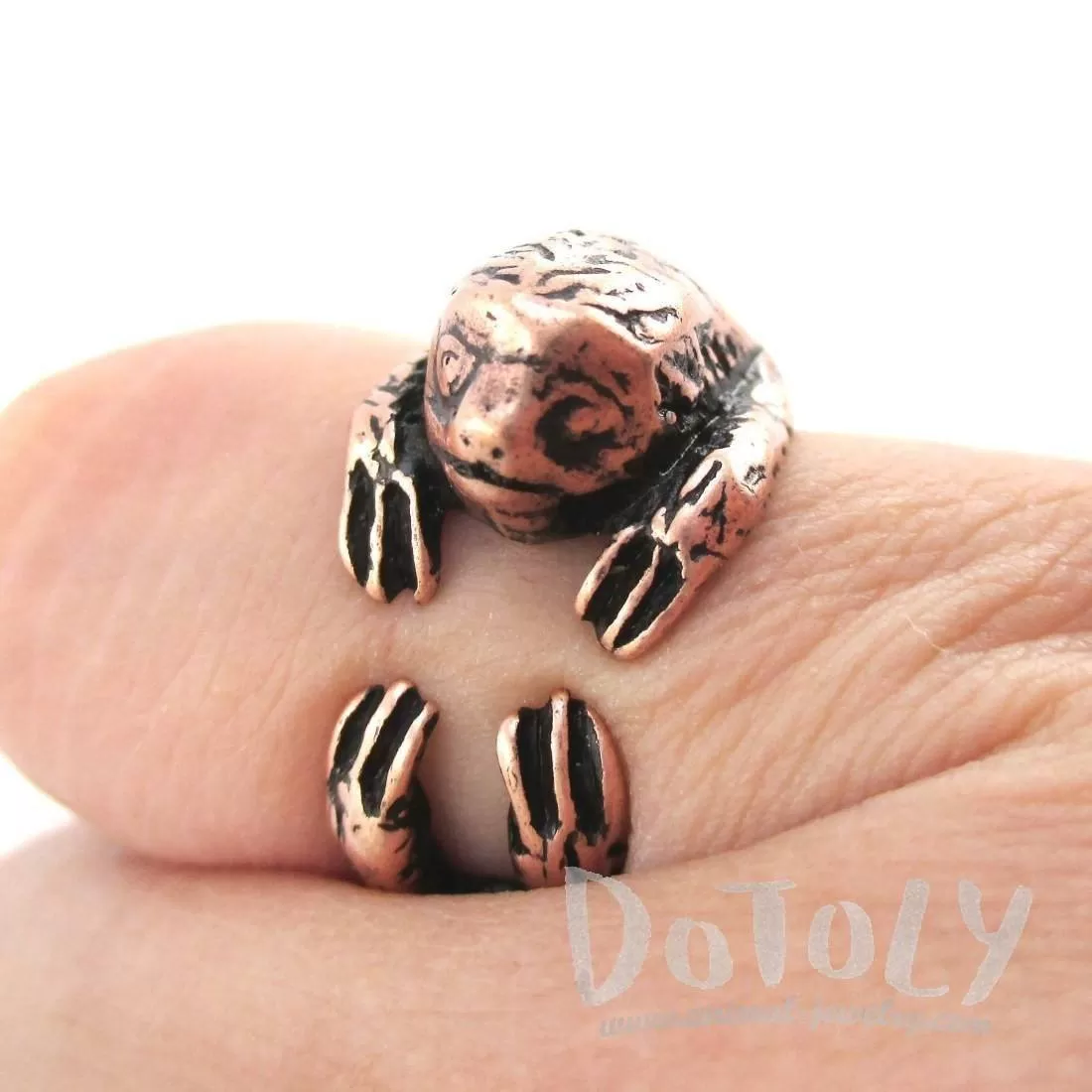 Three Toed Sloth Shaped Animal Wrapped Around Your Finger Ring in Copper