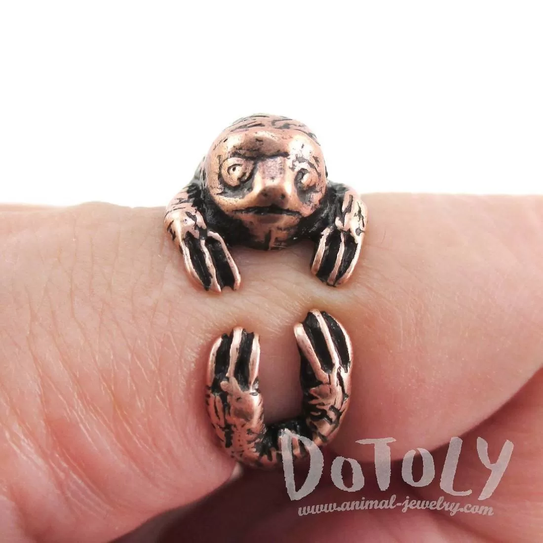 Three Toed Sloth Shaped Animal Wrapped Around Your Finger Ring in Copper