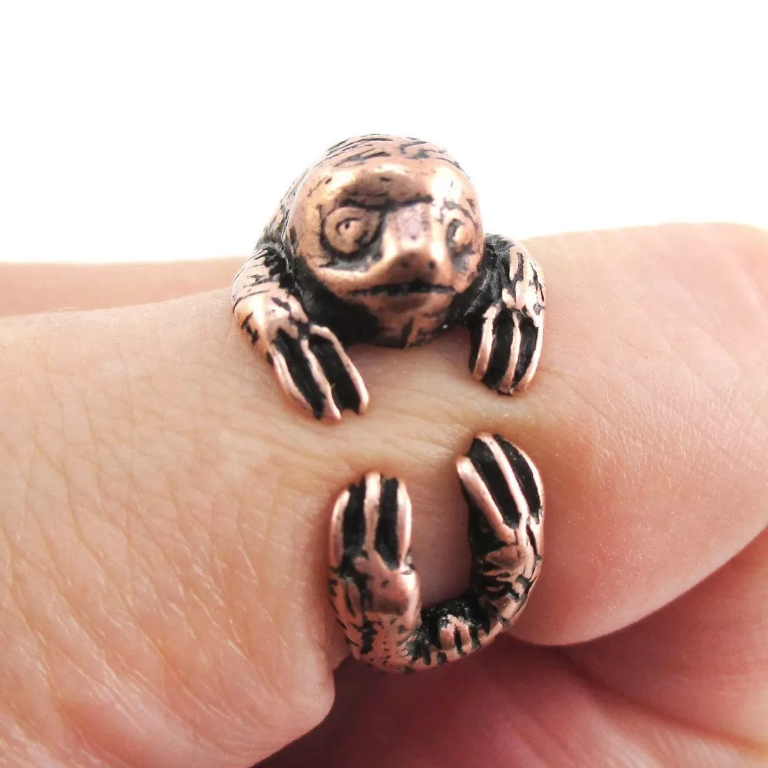 Three Toed Sloth Shaped Animal Wrapped Around Your Finger Ring in Copper