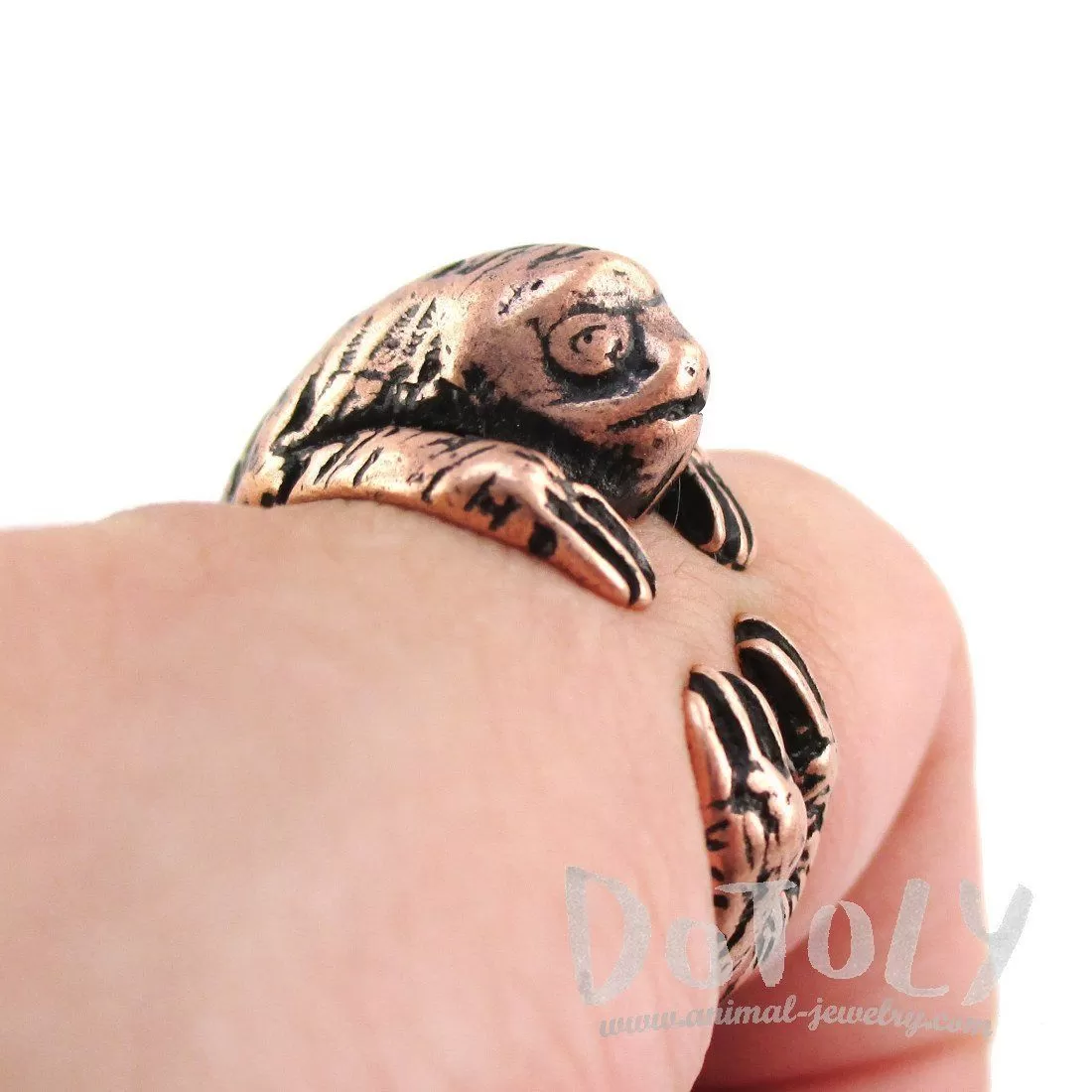 Three Toed Sloth Shaped Animal Wrapped Around Your Finger Ring in Copper