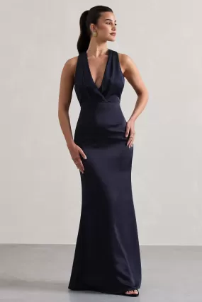 Tiffany | Navy Satin Plunge-Neck Maxi Dress