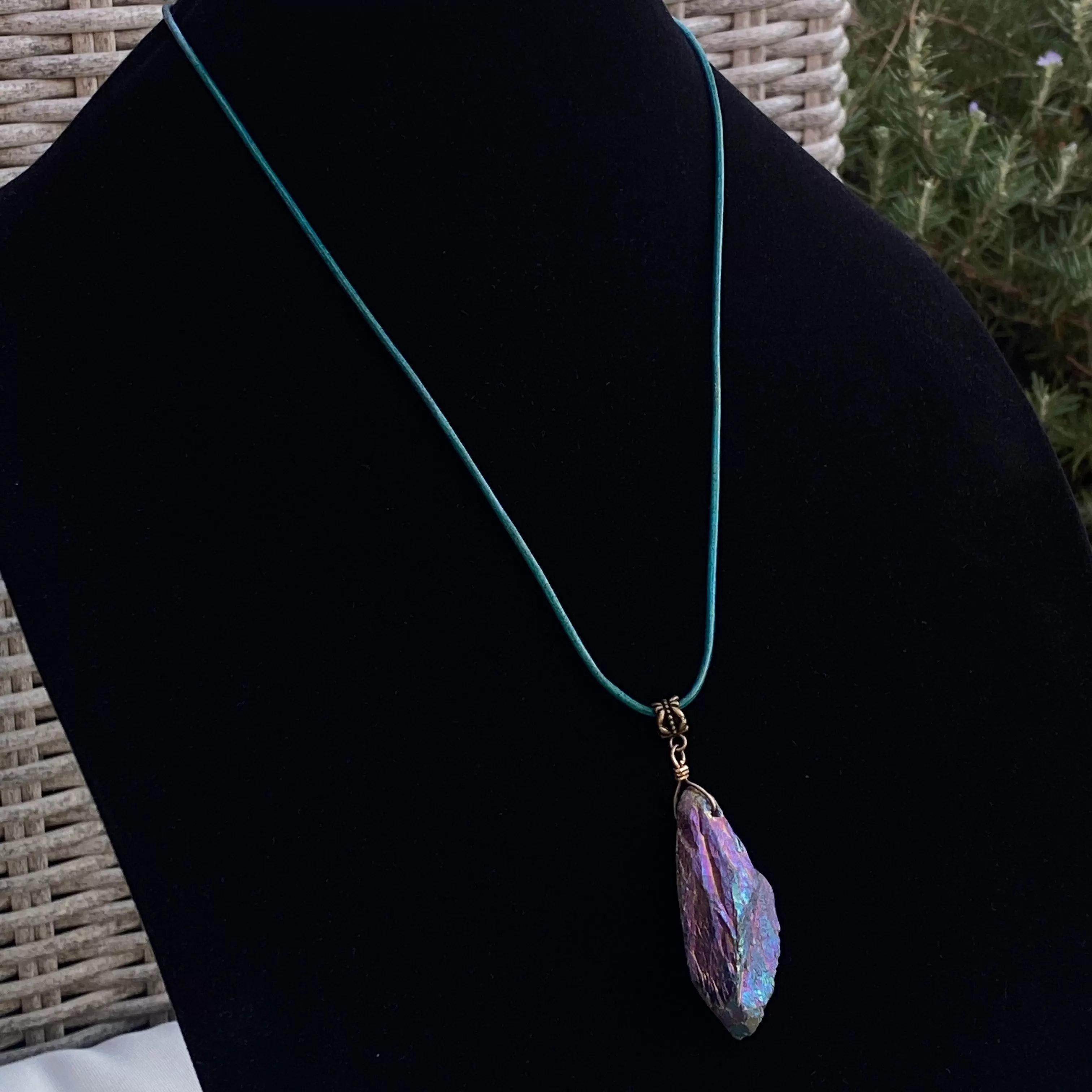 Titanium Coated Quartz gemstone on genuine Leather Necklace