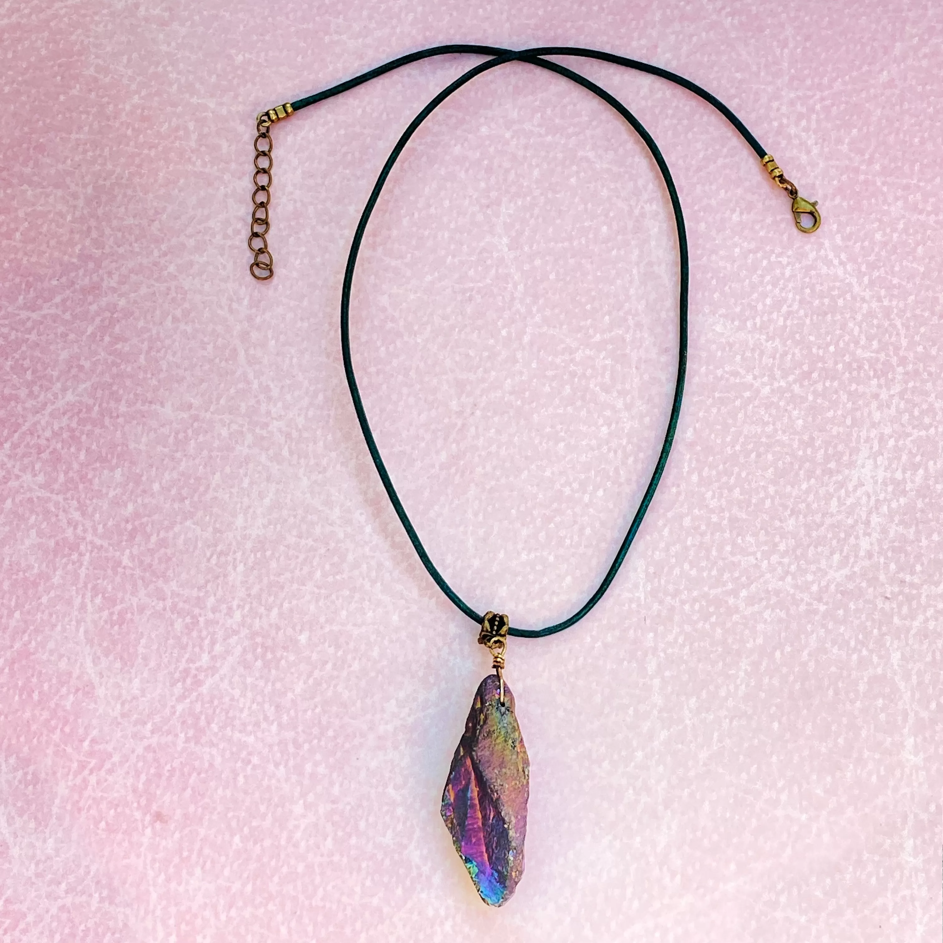 Titanium Coated Quartz gemstone on genuine Leather Necklace