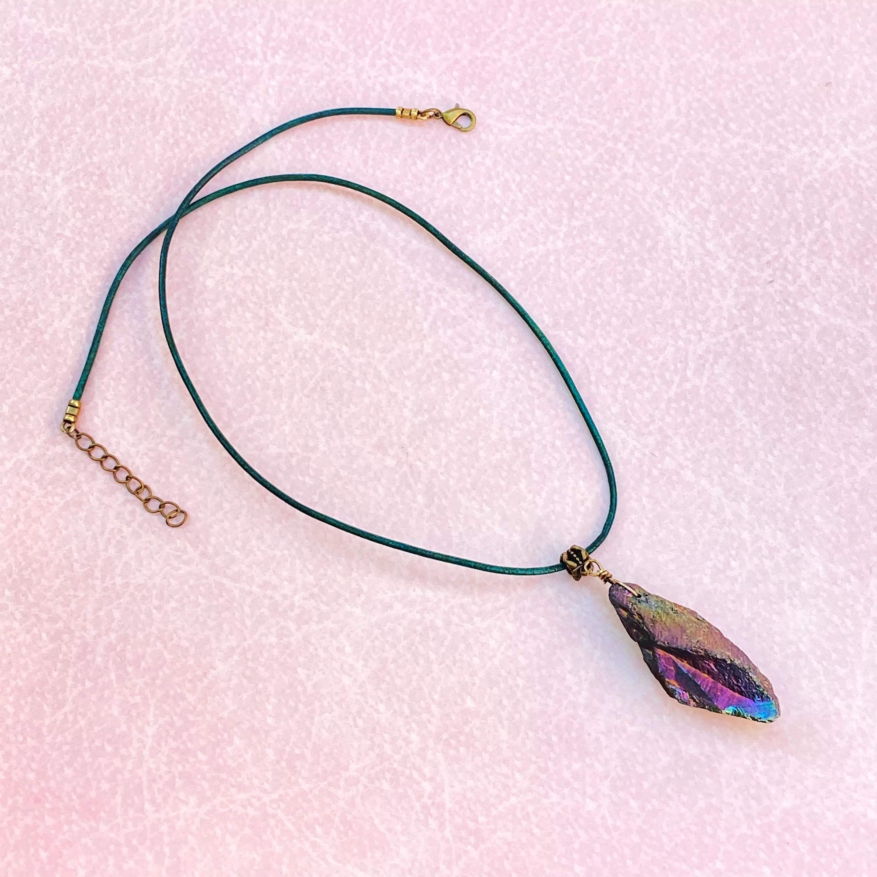 Titanium Coated Quartz gemstone on genuine Leather Necklace