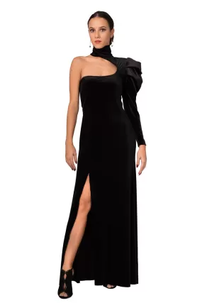 Turtle Neck One-Sleeve Velvet Evening Dress