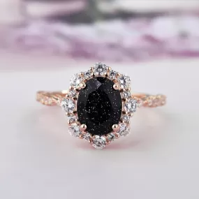 Unique Rose Gold Halo Oval Cut Black Sandstone Sterling Silver Engagement Ring