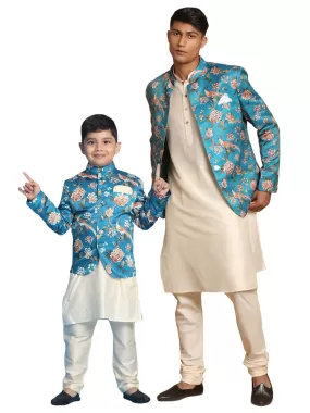 VASTRAMAY Baap Beta Turquoise Floral Print Jodhpuri With Cream Solid Kurta And Pyjama Set.