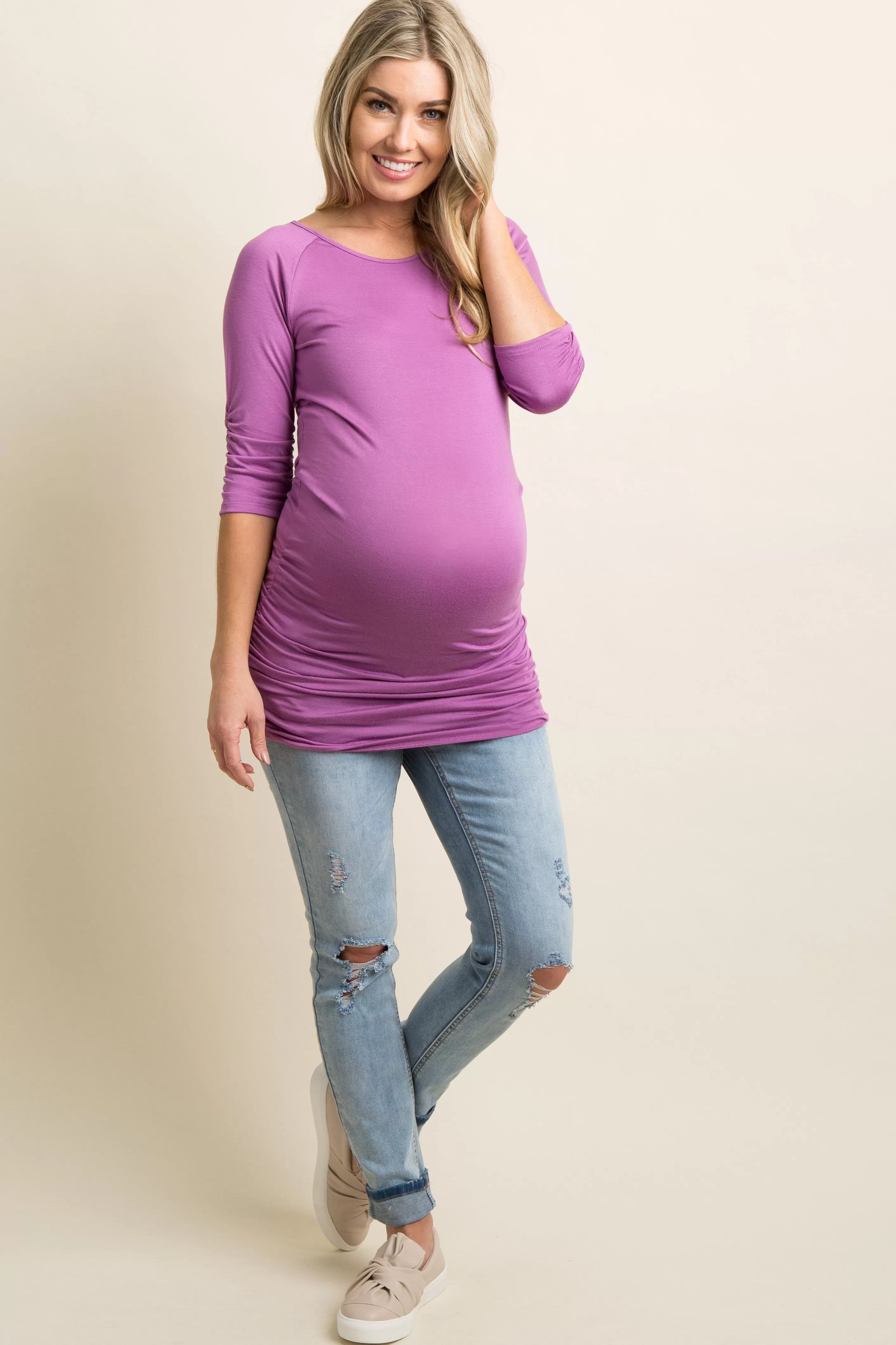 Violet Solid Fitted Ruched Maternity Top