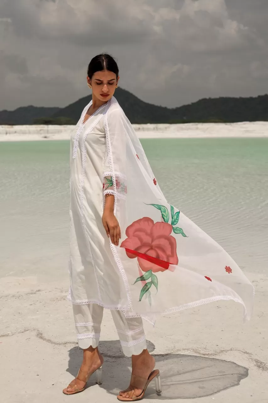 White Red Flower Organza Dupatta Straight Set