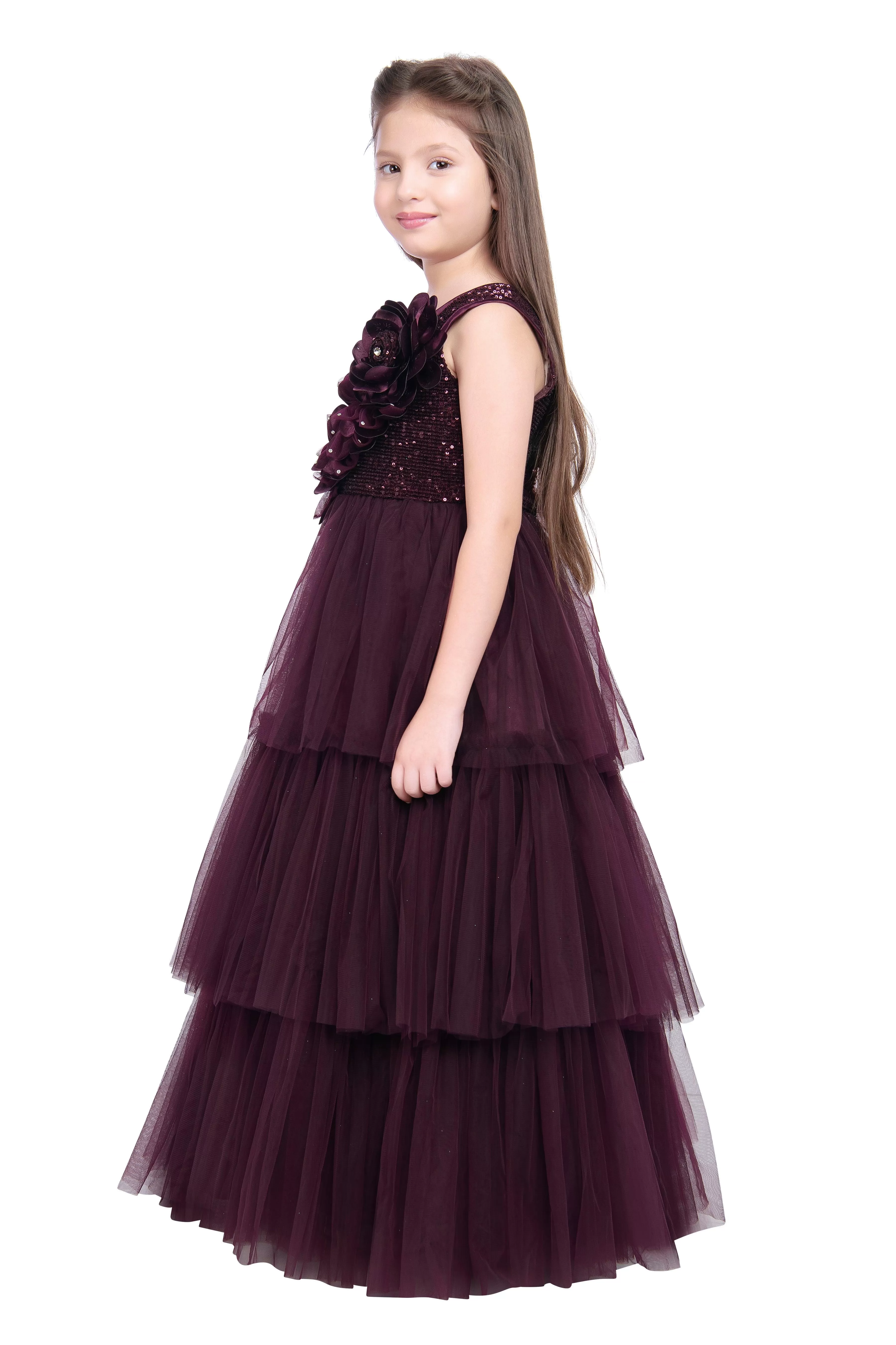 Wine Coloured Big Flower Pattern Gown For Girls