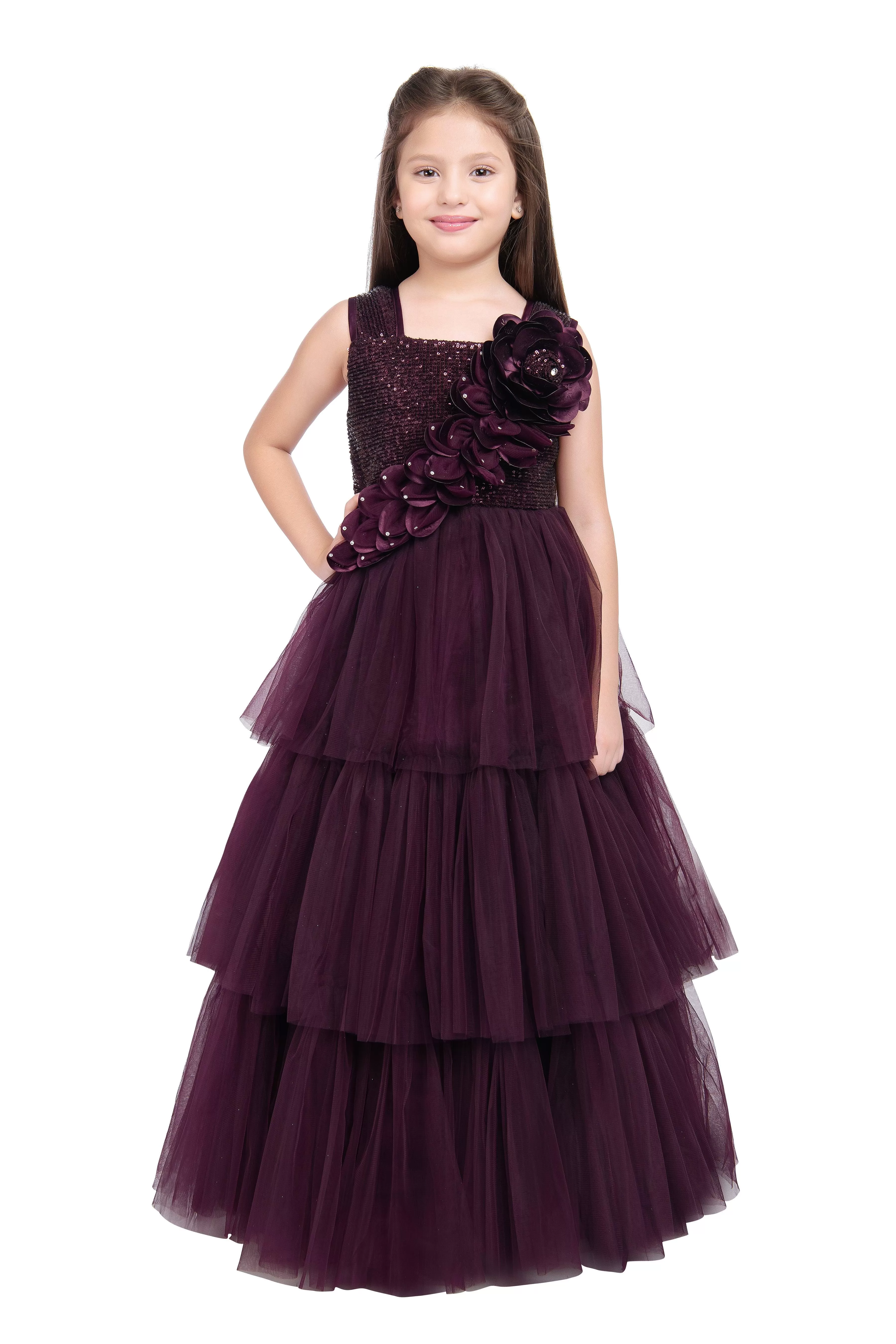 Wine Coloured Big Flower Pattern Gown For Girls