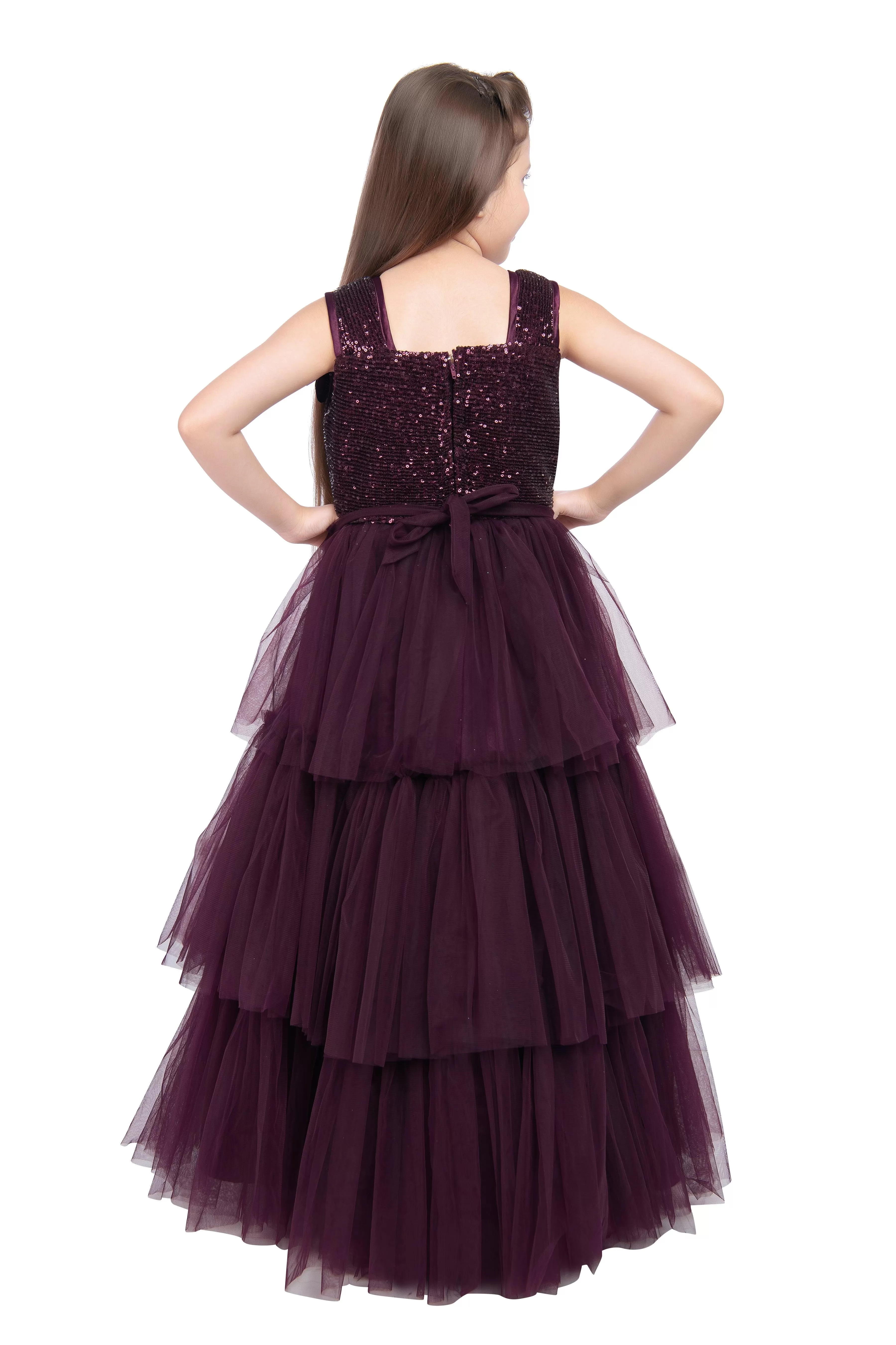 Wine Coloured Big Flower Pattern Gown For Girls