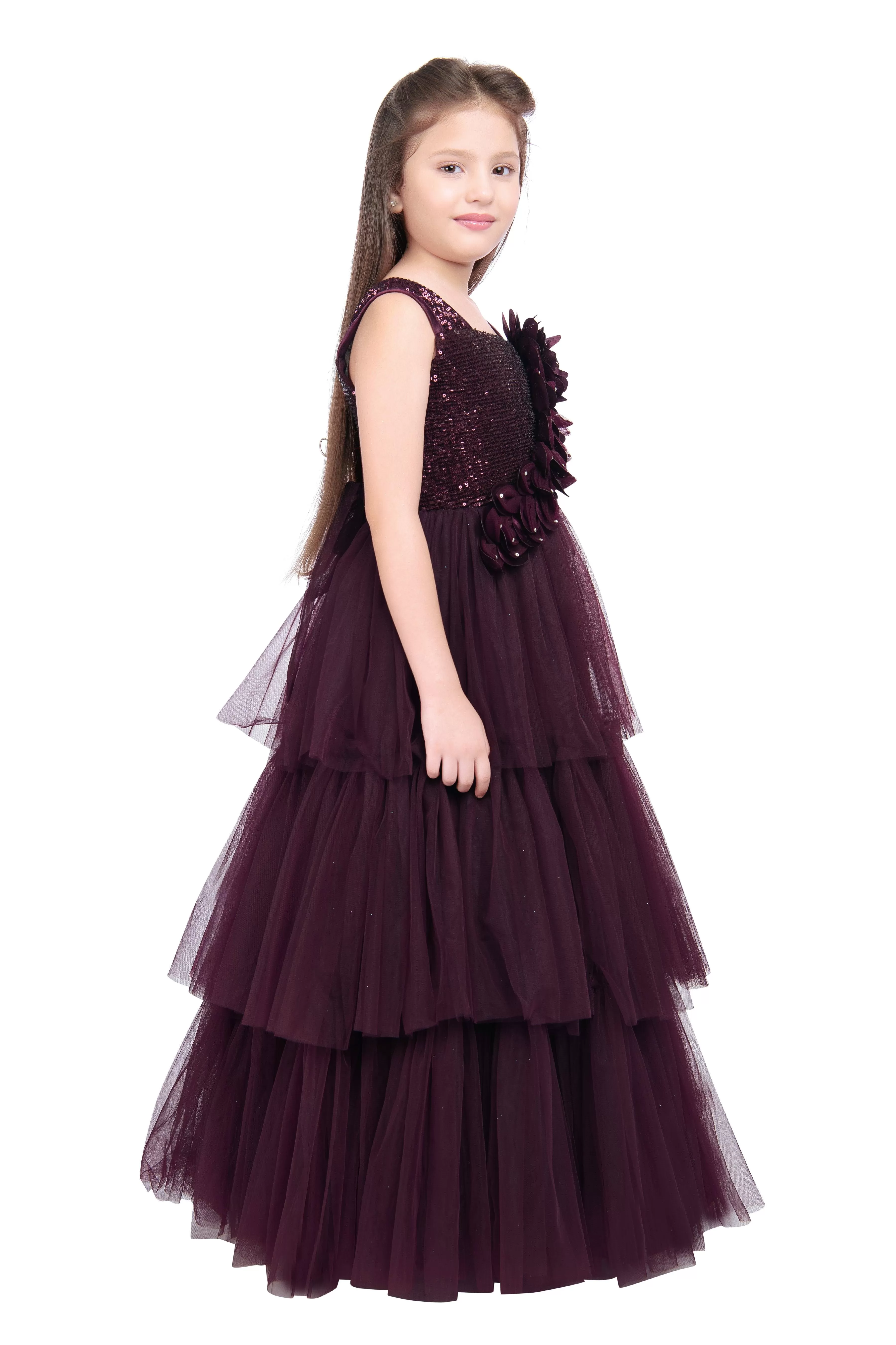 Wine Coloured Big Flower Pattern Gown For Girls