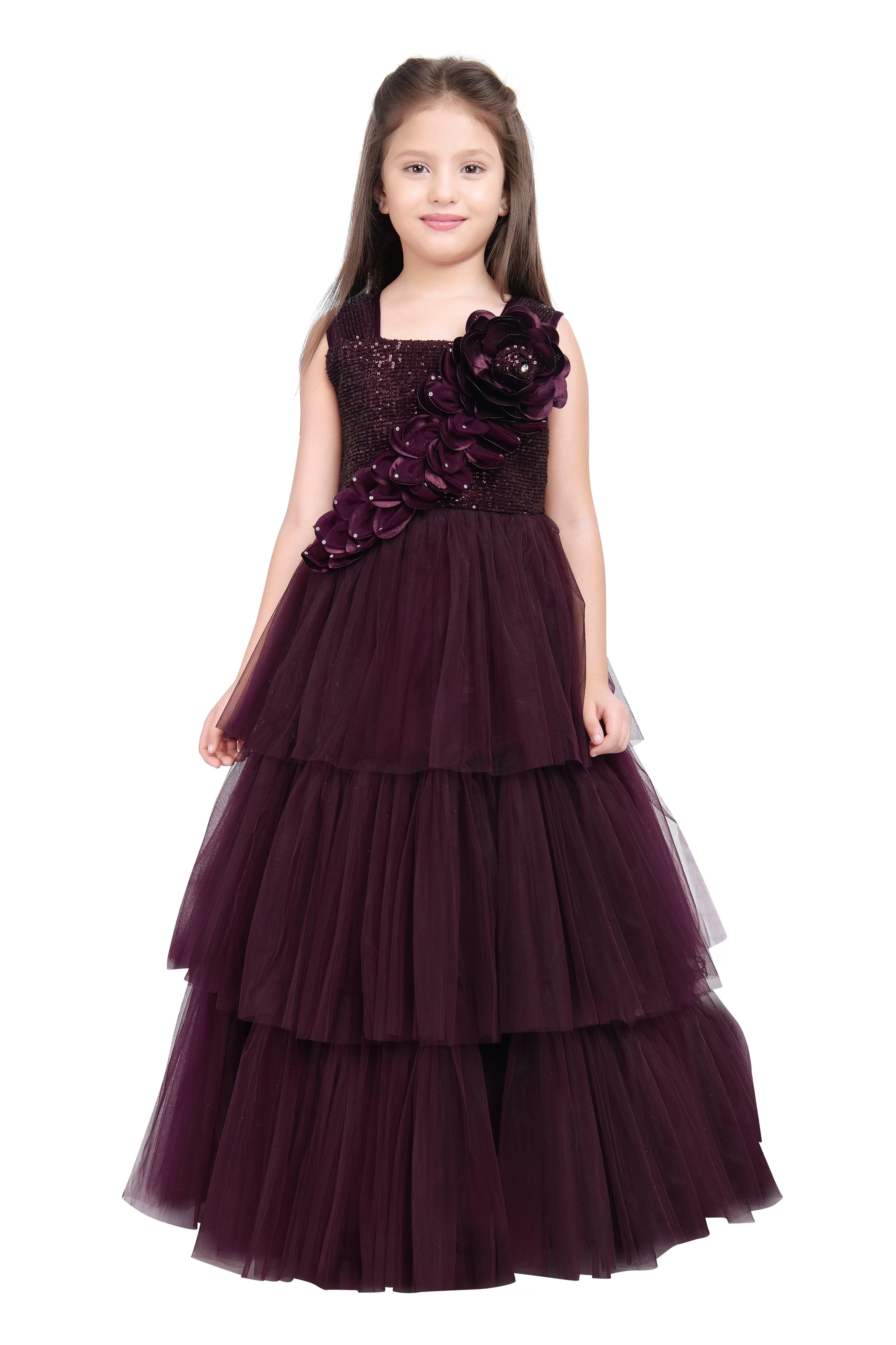 Wine Coloured Big Flower Pattern Gown For Girls